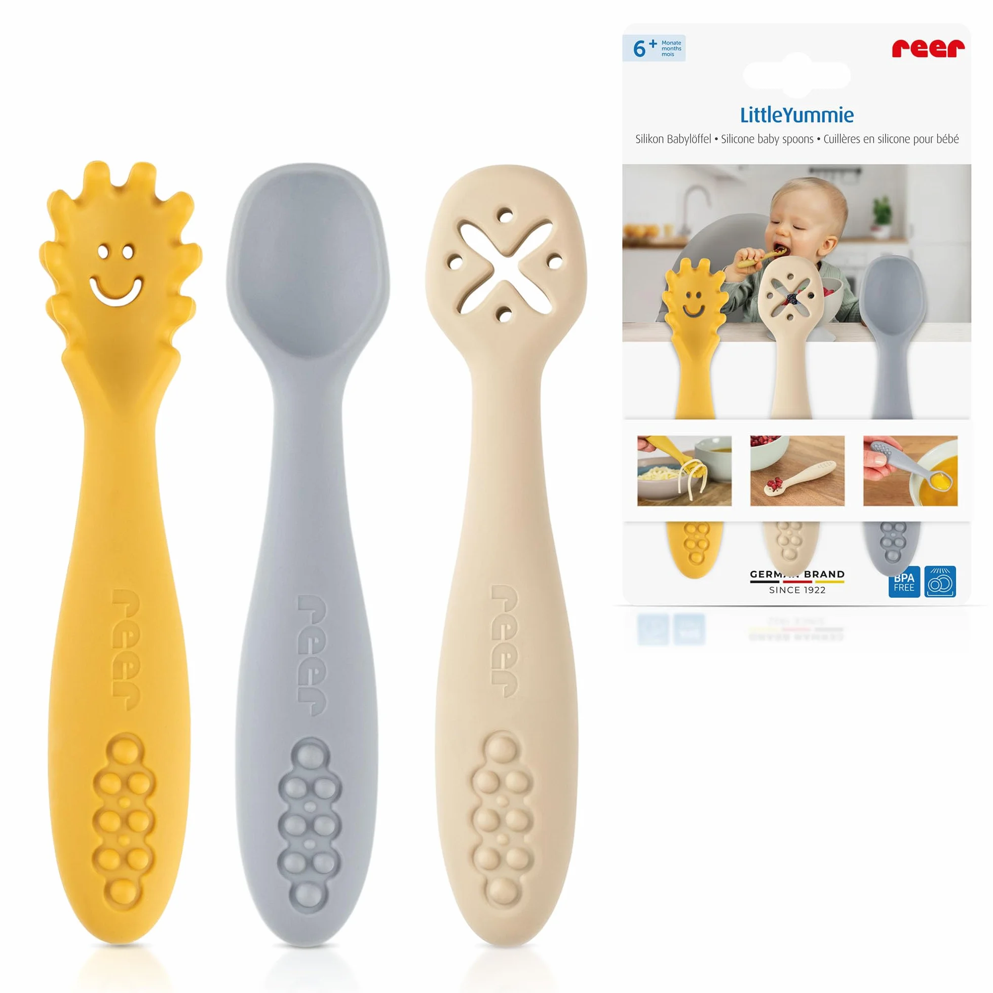 reer LittleYummie silikonowa łyżeczka dla niemowląt | baby led Weaning | Sztućce edukacyjne | Zestaw sztućców dla niemowląt | 100% silikon bezpieczny dla żywności