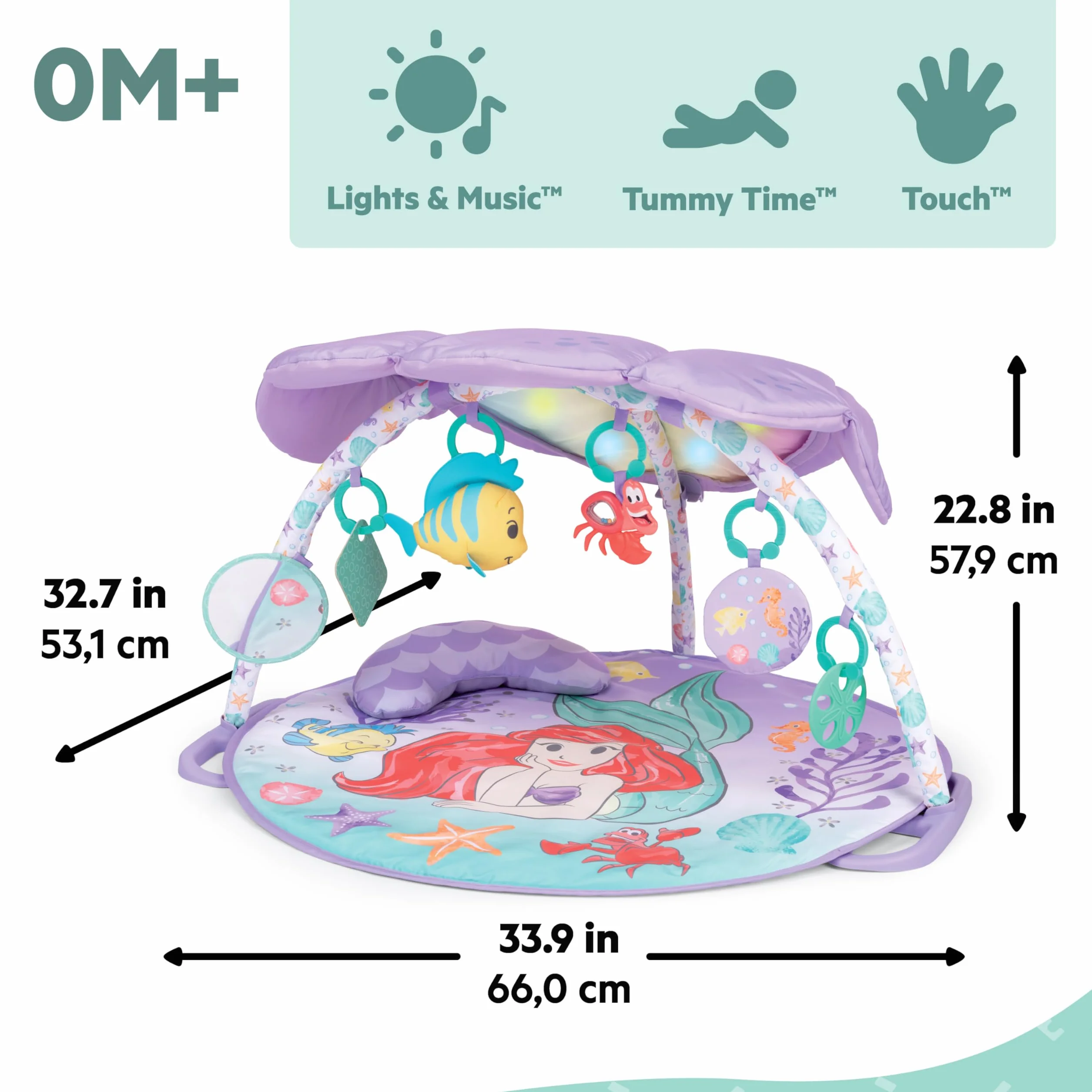 Bright Starts, Disney Baby, Mała Syrenka Twinkle Trove Light-Up Musical Baby Activity Gym, ponad 25 min melodii, 6 zabawek, wiek noworodek +, fioletowy