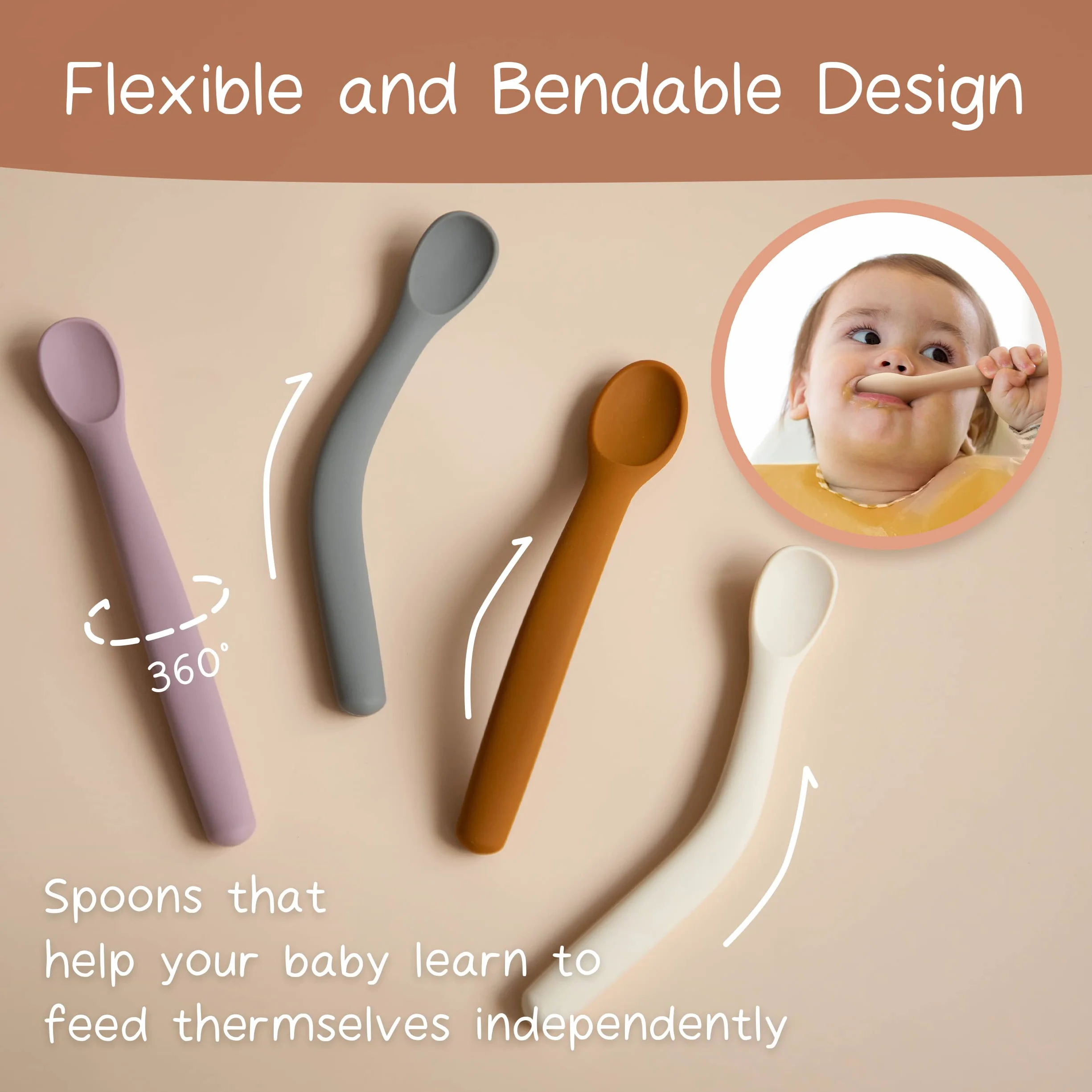Moonkie Baby Spoon, Zestaw 4 Łyżka dla Niemowląt, Silikonowych Łyżeczek, Łyżka do Nauki, Łyżka Treningowa dla Niemowląt, Idealna do Samodzielnego Karmienia i Odstawiania od Piersi