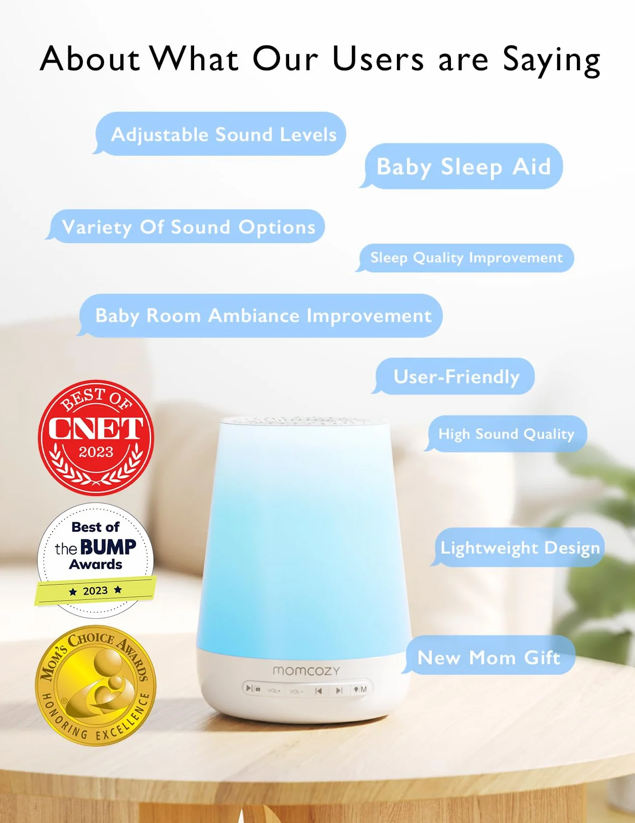 Momcozy White Noise Machine Urządzenie Wspomagające Zasypianie Niemowląt, Biały Szum z 34 Kojącymi Dźwiękami, 7 Kolorów Swiatła Nocnego, Terapia Dźwiękowa|Timer|Pilot Zdalnego Sterowania z Aplikacją