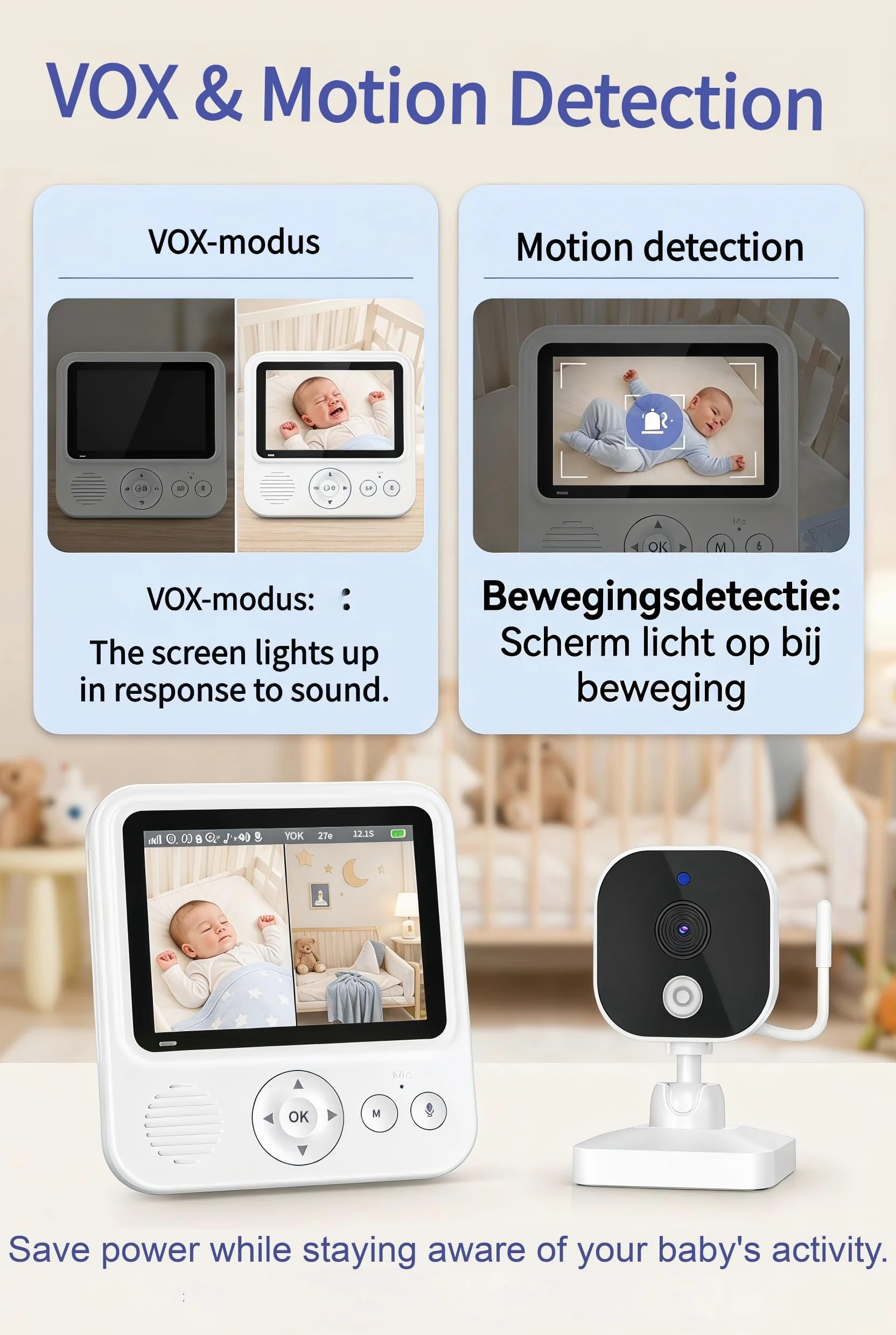 BURNNOVE Niania Elektroniczna z Kamerą, Ekran 2,8 Cala, Tryb VOX, Zoom Cyfrowy 4x, Bez Wi-Fi, Przenośna, dla Niemowląt