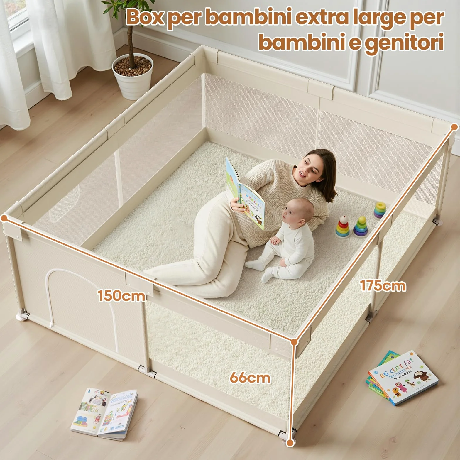 Fodoss Duży kojec dla niemowląt, beżowy – 150 x 175 cm, oddychająca siatka, stabilna zabawa dla niemowląt, 4 pierścienie do zabawy