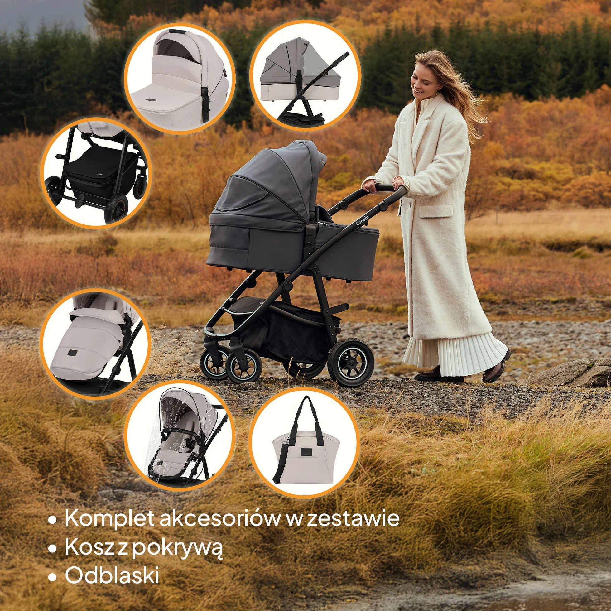 LIONELO AMBER PLUS 3w1 Wielofunkcyjny Wózek Dziecięcy od 0 do 4 lat do 22kg z Gondolą XL, Fotelik Samochodowy do 13kg, Regulacja Oparcia, Duże Terenowe Koła 360° Budka XXL