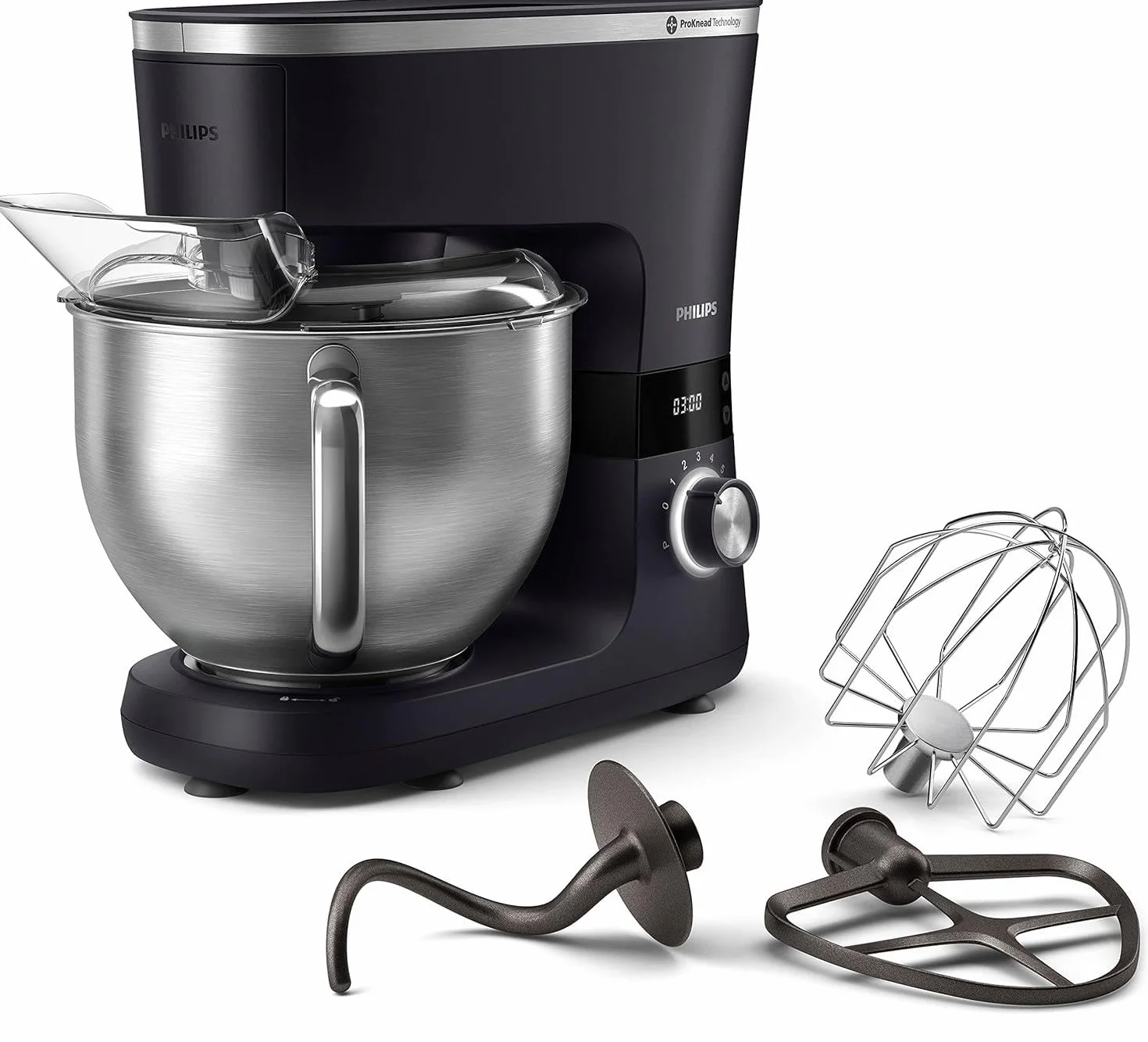 Philips Robot kuchenny z serii 7000, Moc 1000 W, 8 Ustawień Prędkości, Technologia ProKnead,Misa o pojemności 5,5 l z Oświetleniem LED, Końcówka Do Zagniatania Ciasta, Trzepaczka i Ubijaczka HR7962/01