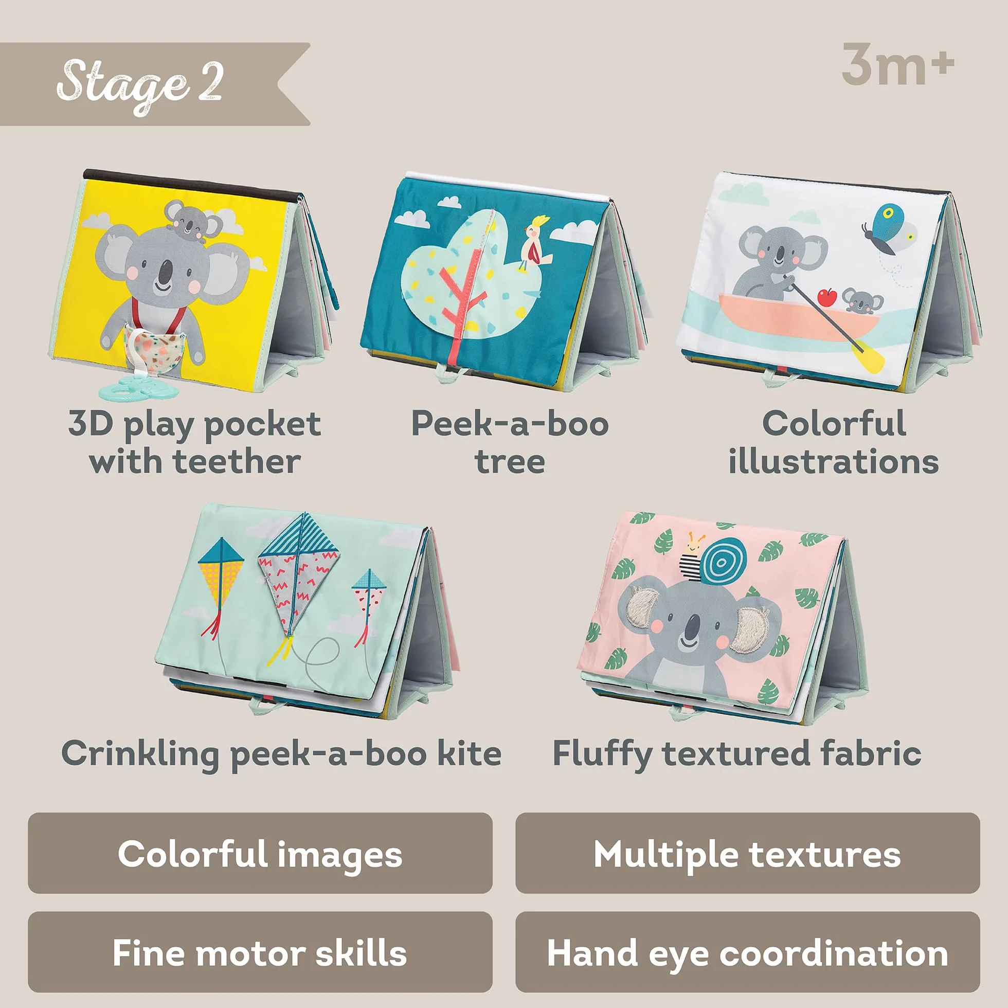Taf Toys Koala Infant Tummy time Miękka dwustronna książka aktywności. Zawiera lusterko bezpieczne dla niemowląt, marszczone tekstury i miękki gryzak. 0 miesięcy +