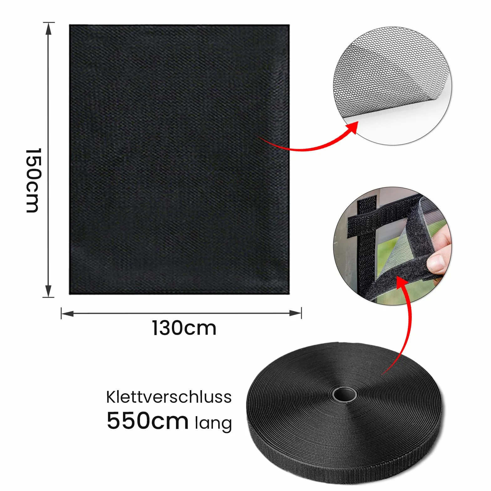 Moskitiera okienna z możliwością przycięcia, 6 sztuk, 130 x 150 cm, samoprzylepna moskitiera okienna z 6 rolkami taśmy klejącej (czarna)