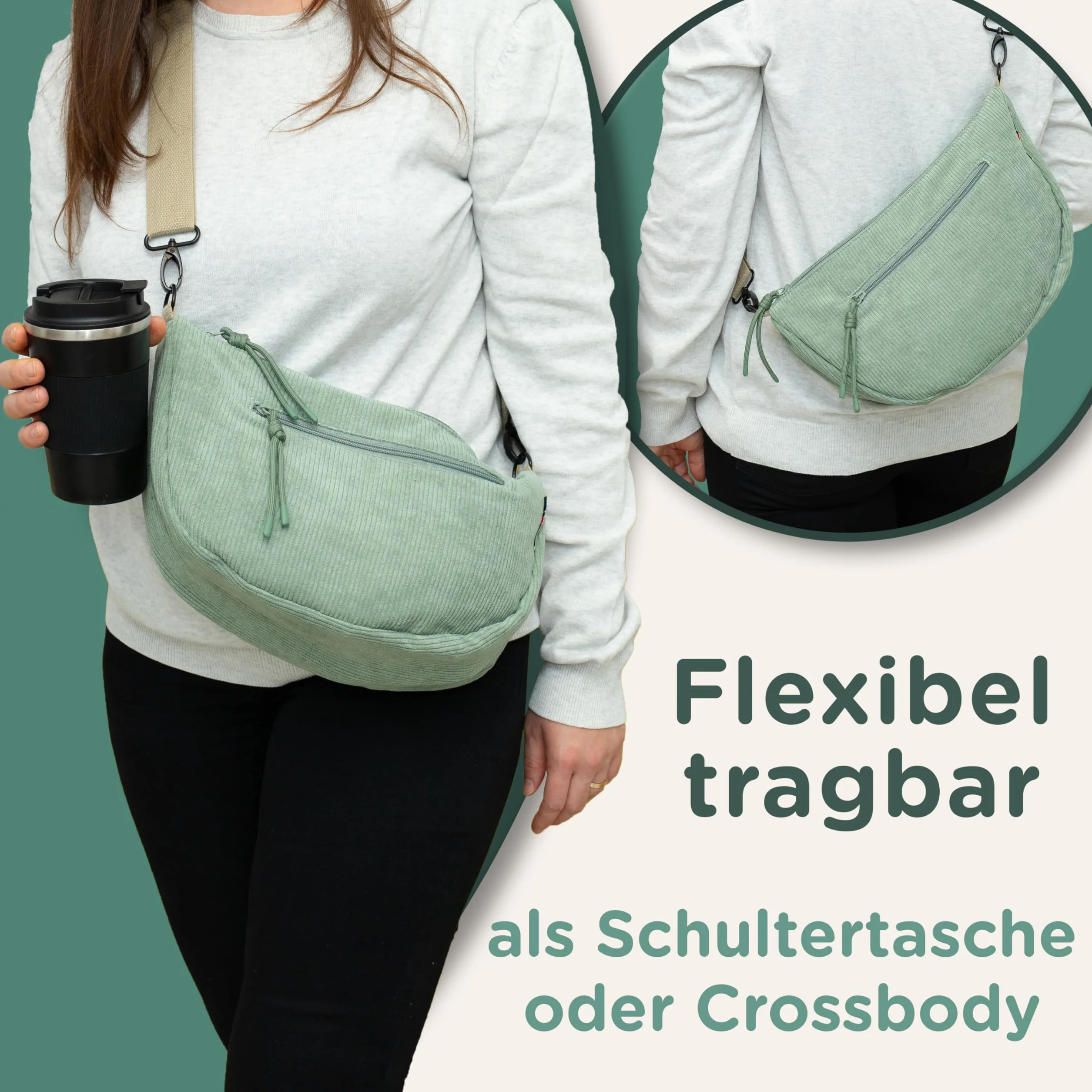 Jubi Torba do przewijania Moon Bag ze sztruksu miętowego – organizer do wózka dziecięcego z mocowaniem do wózka dziecięcego, torba crossbody dla kobiet, mała torba do przewijania z przegródkami i