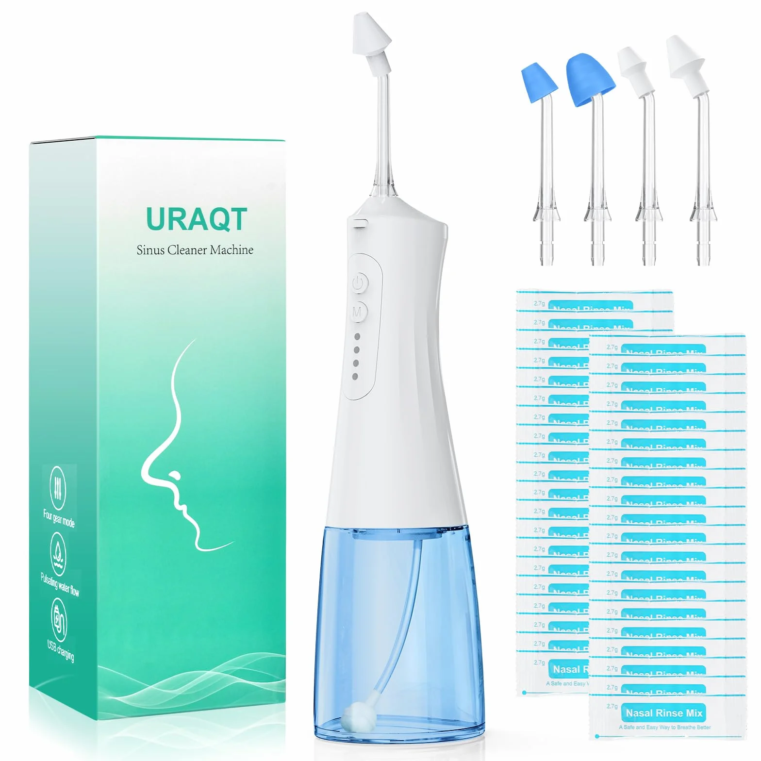 Neti Pot Elektryczny Zestaw do Płukania Zatok z 40 Pakietami Soli i 4 Końcówkami
