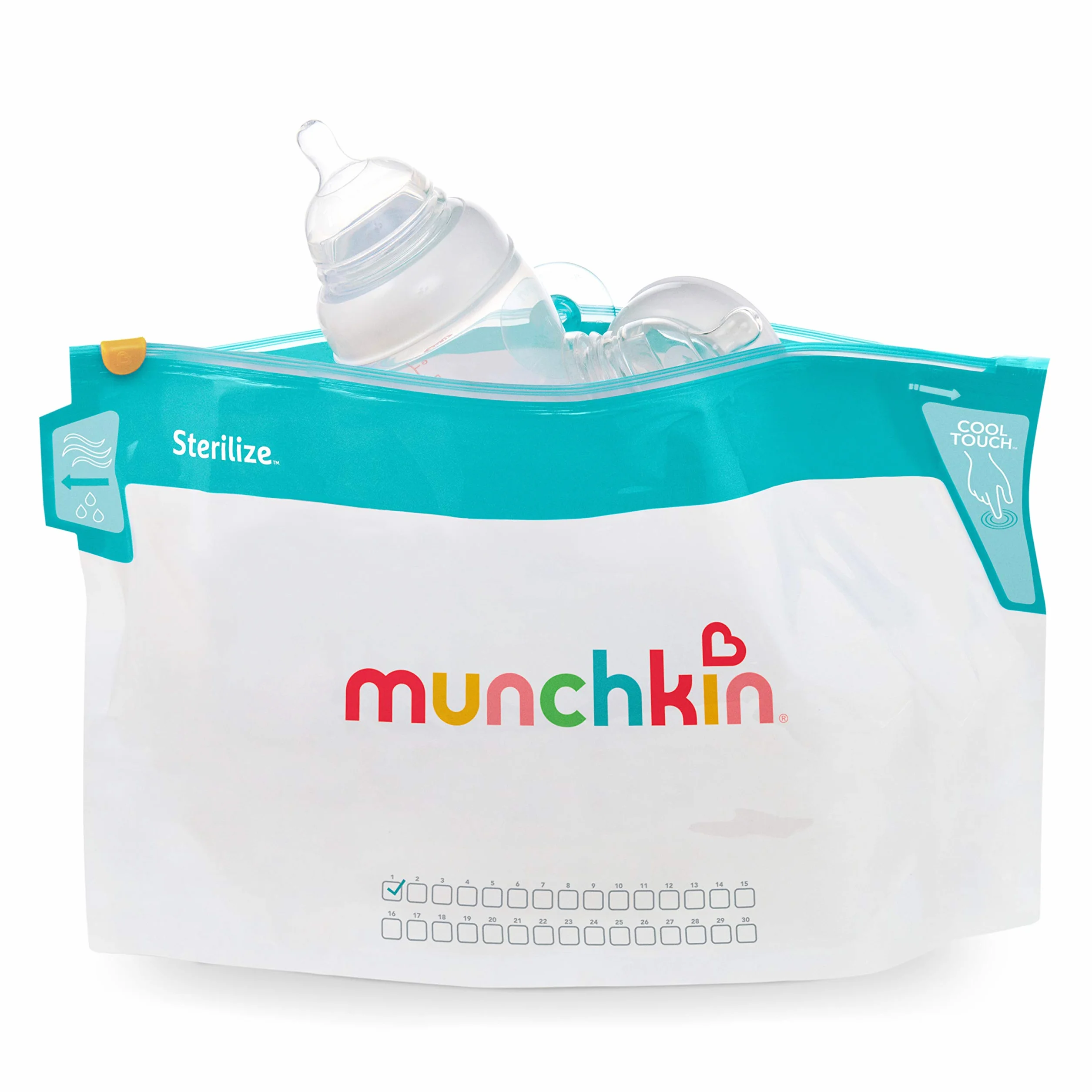 Munchkin Woreczki do Sterylizacji w Kuchence Mikrofalowej Cool Touch, do Smoczków do Butelek dla Niemowląt, 6 Torebek Wielokrotnego Użytku, Odkażacz na Zimną Wodę, Mini Sterylizator Podróżny
