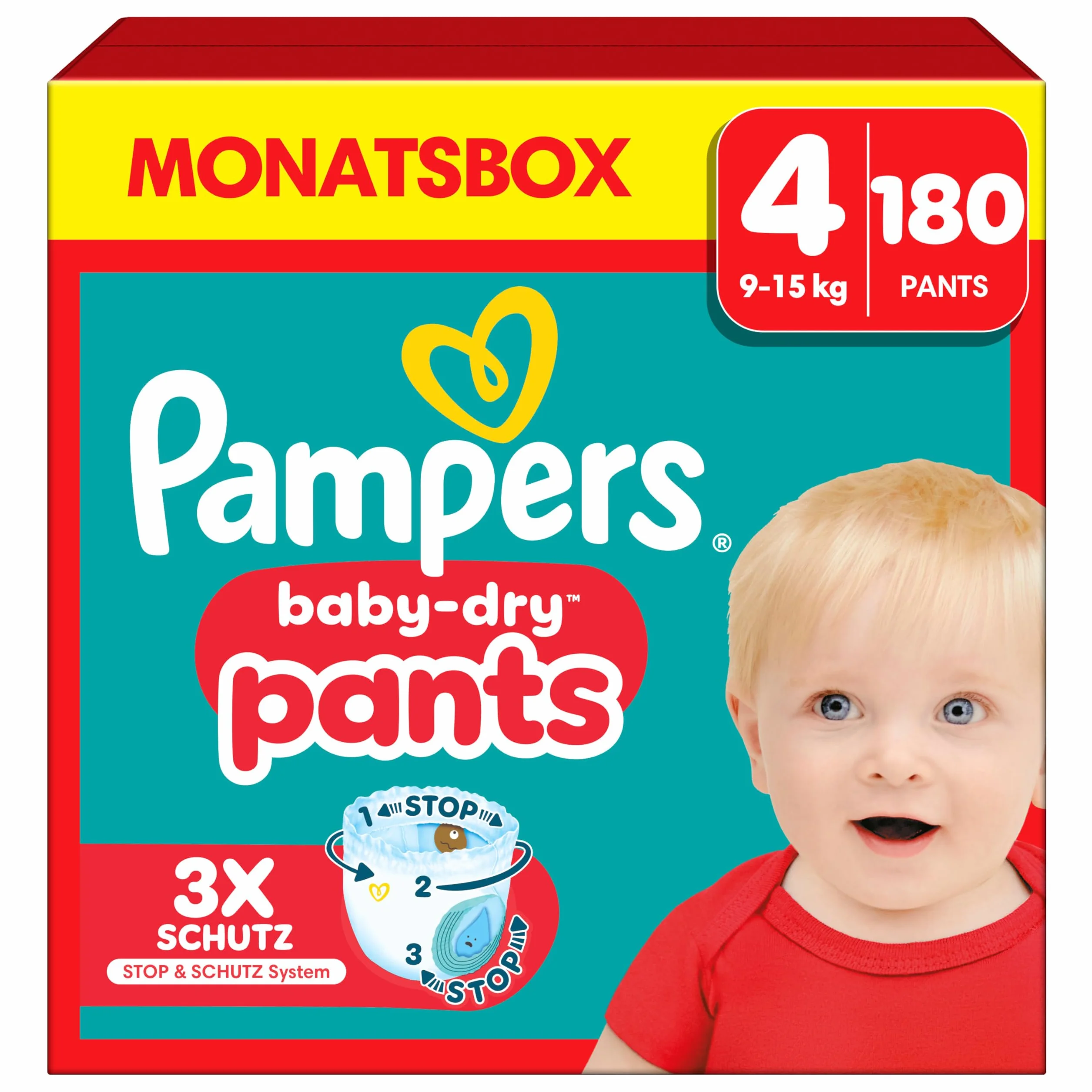 Pampers Spodnie Baby-Dry. Rozmiar 4, 180 pieluch-majtek, 9-15 kg, 360° Zabezpieczenie przed wyciekiem z kieszenią Stop & Protect na noc do 100% bez wycieków, opakowanie 1 miesiąc