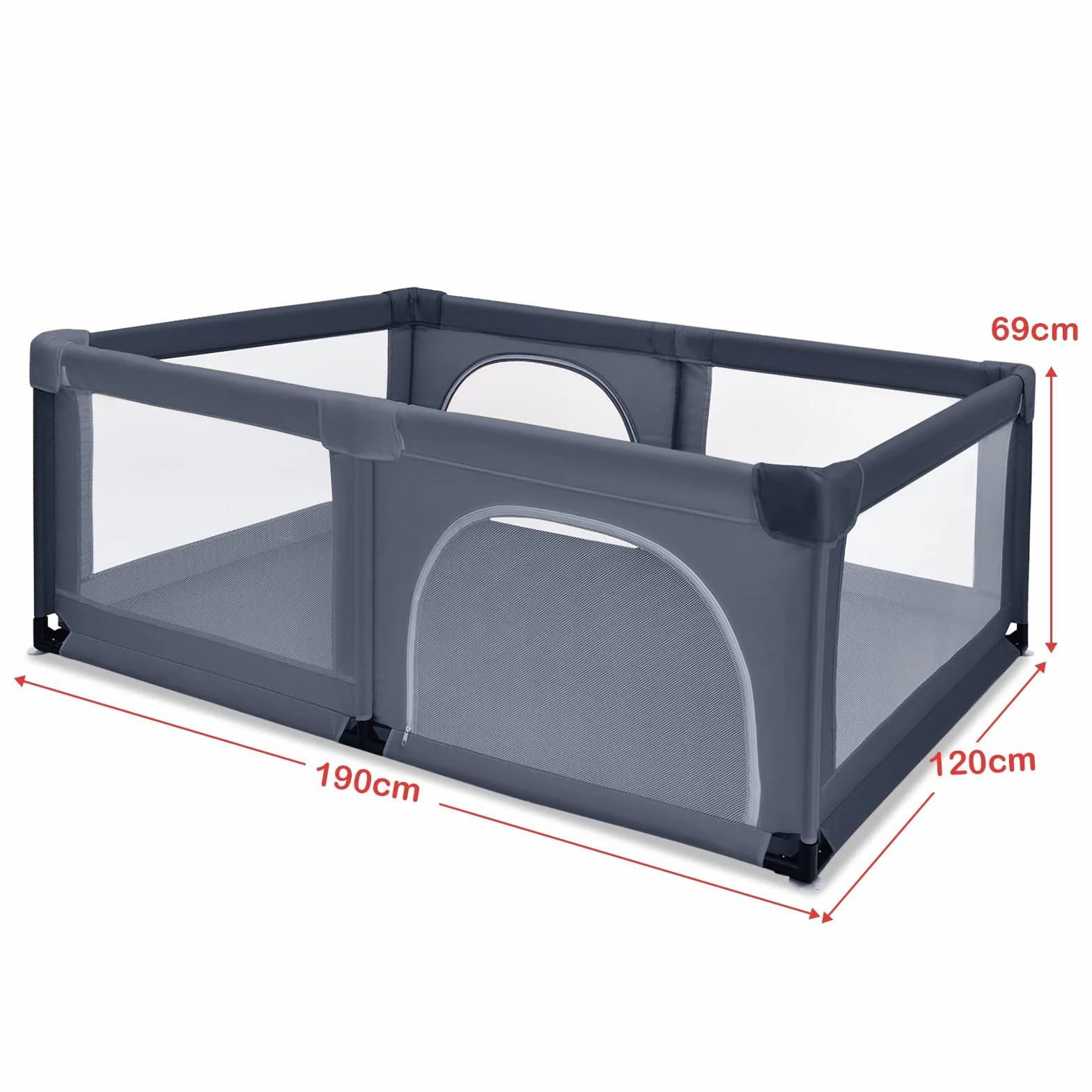 COSTWAY Kojec dla niemowląt 120 x 190 cm, z 50 piłkami do zabawy, kojec z oddychającą siatką i zamkiem błyskawicznym, kratka do raczkowania, 2 drzwi, namiot dla niemowląt i małych dzieci (ciemnoszary)