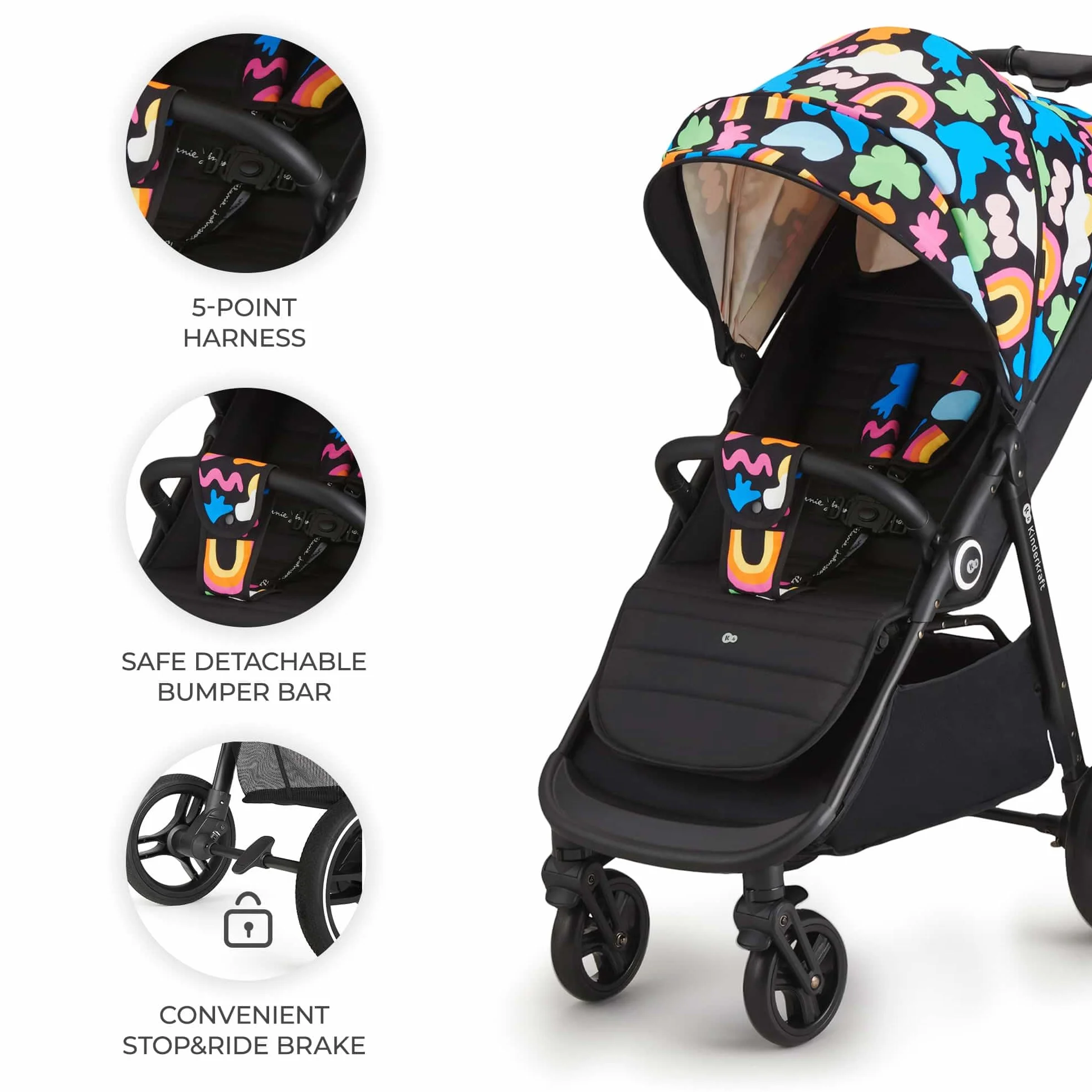 Kinderkraft GRANDE PLUS Wózek laskowy od urodzenia do 22 kg, składane jedną ręką, wydłużona pozycja, wysuwany kaptur, 4 amortyzowane koła, Happy Shapes