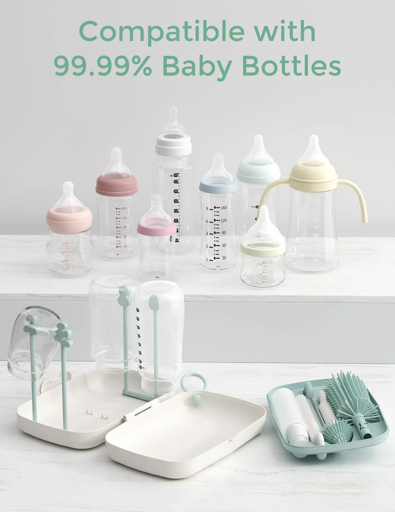 Momcozy Zestaw szczotek do butelek dla niemowląt z silikonową szczotką, stojakiem do suszenia