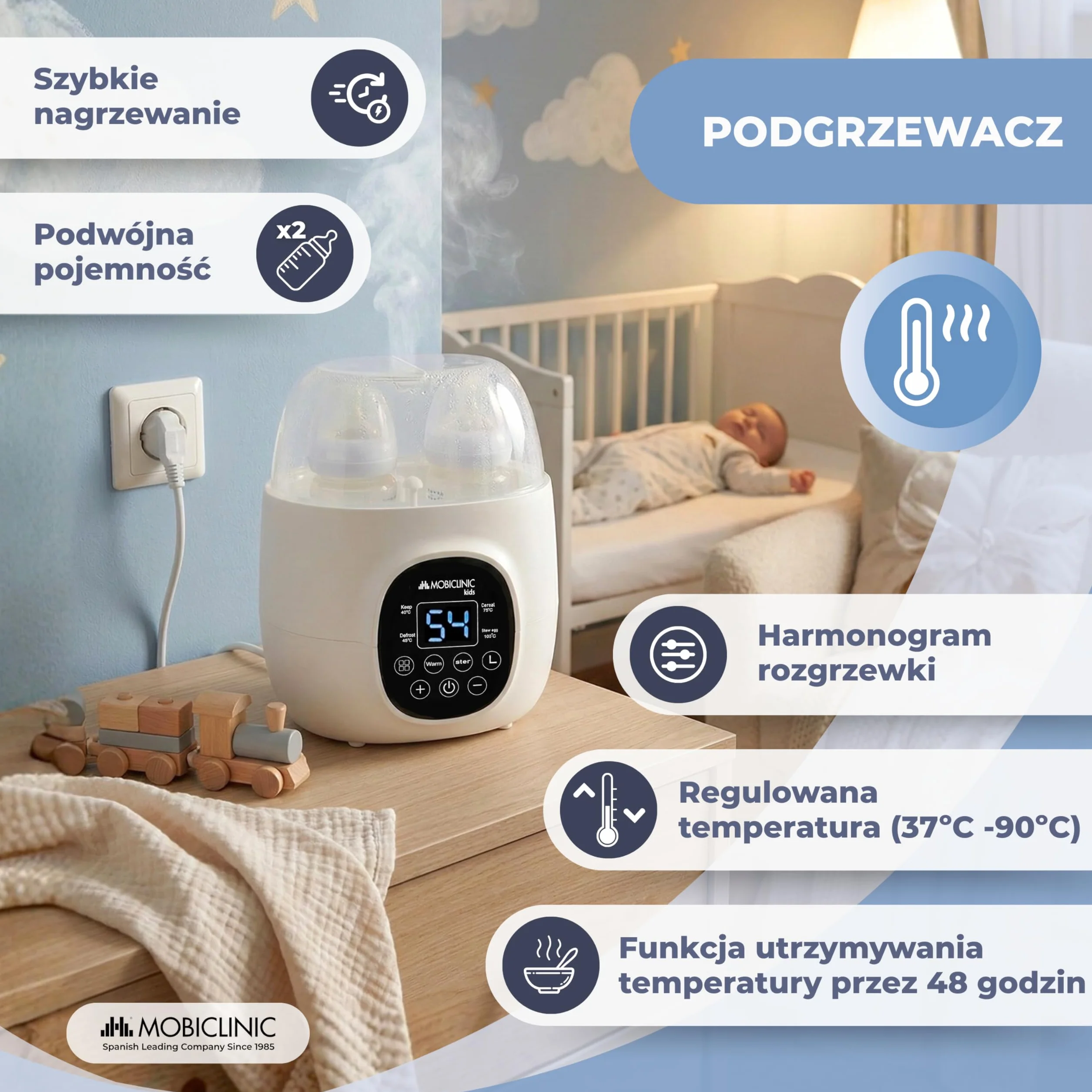 Mobiclinic Podgrzewacz i Sterylizator do Butelek 6 w 1 Podwójna Pojemność Programowalny