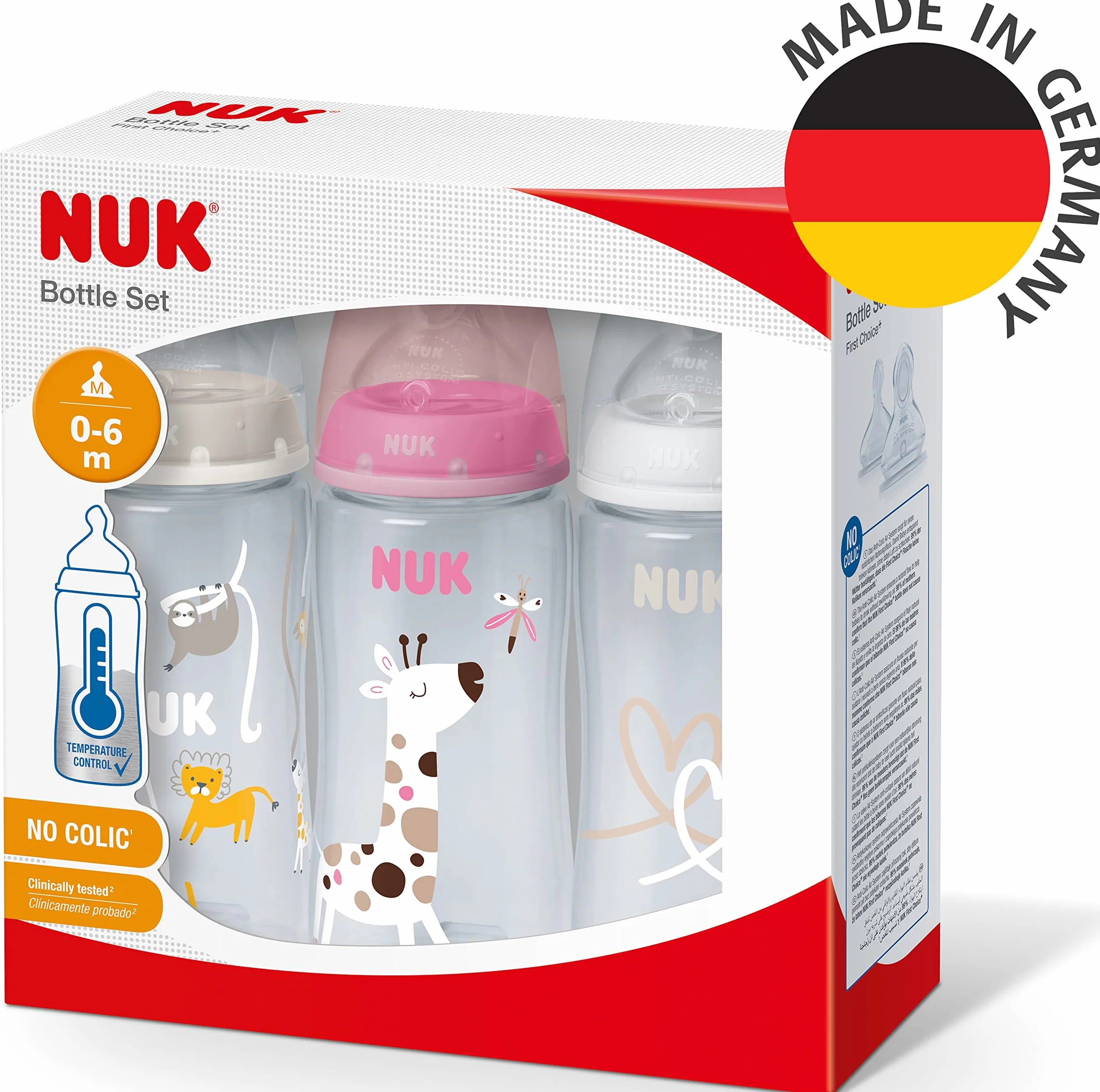 NUK First Choice + Butelka dla niemowląt | 0–6 miesięcy | Wskaźnik kontroli temperatury | Otwór antykolkowy Anti Colic | 300 ml | Produkt nie zawiera BPA | Smoczek silikonowy | żyrafa | 3 elem