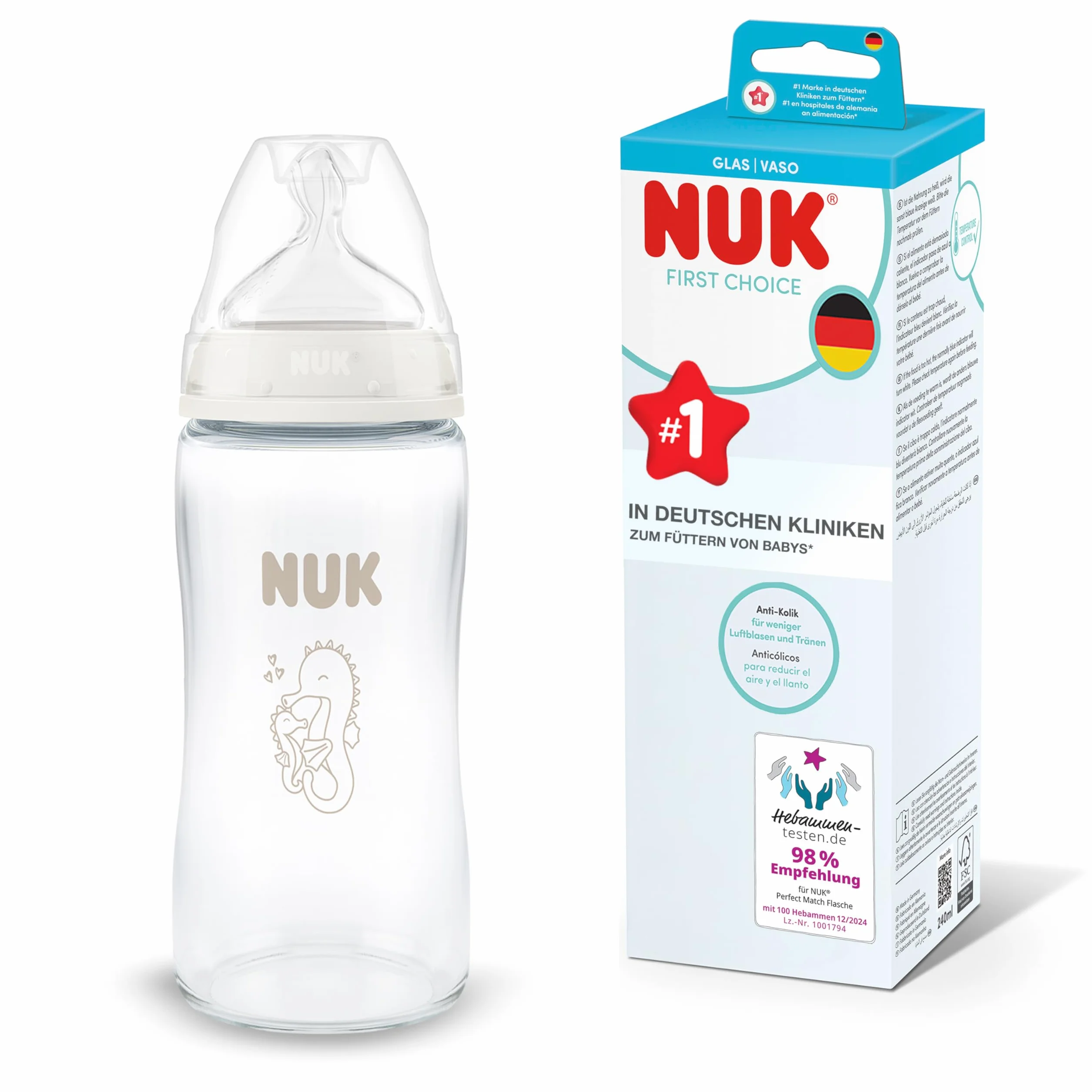 NUK First Choice Butelka dla niemowląt | 3+ miesiące | 240 ml | Butelka przeciwkolkowa | Szkło | Wskaźnik kontroli temperatury | Konik morski | 1 sztuka