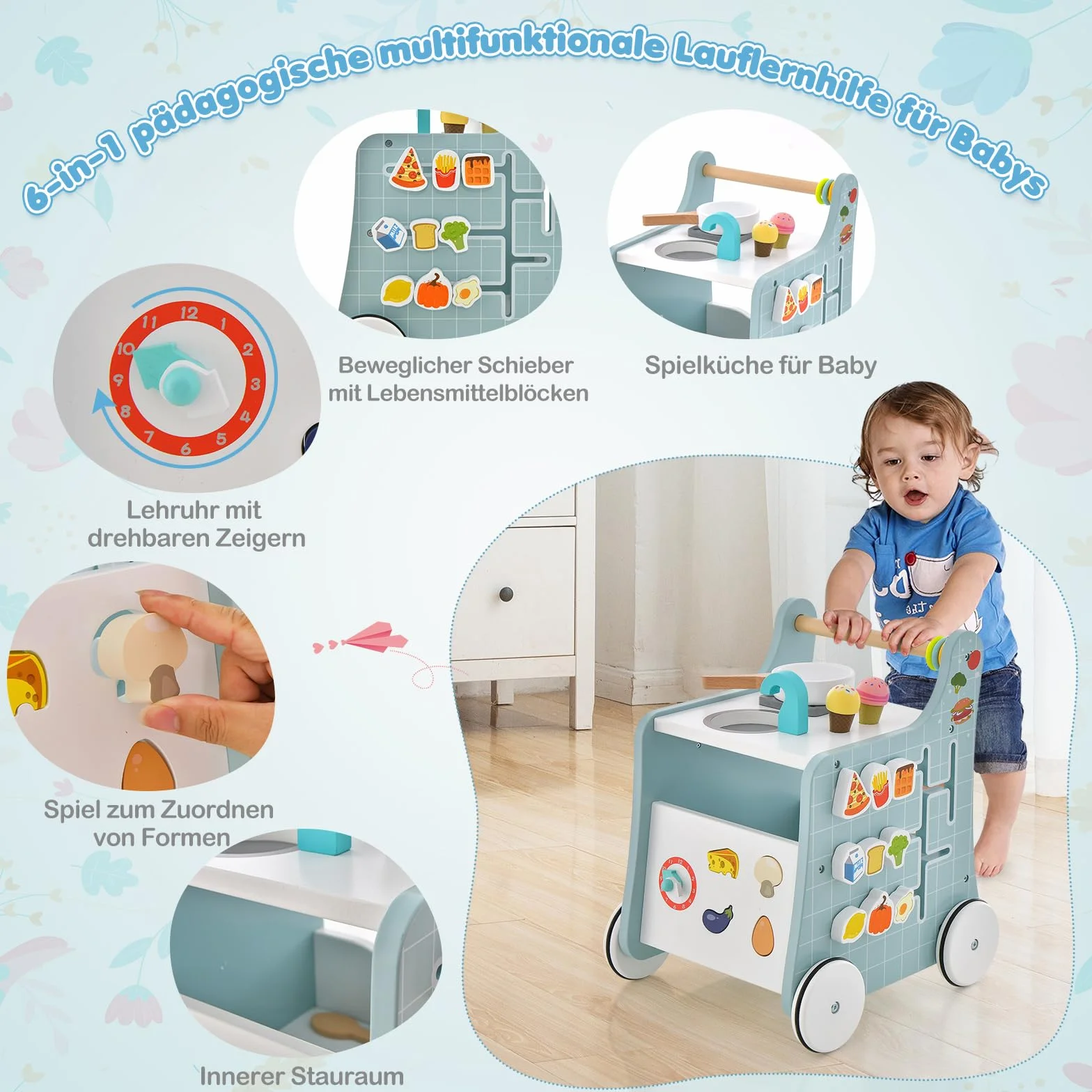 COSTWAY Drewniany wózek do nauki chodzenia 6 w 1, Baby Walker z kuchnią do zabawy
