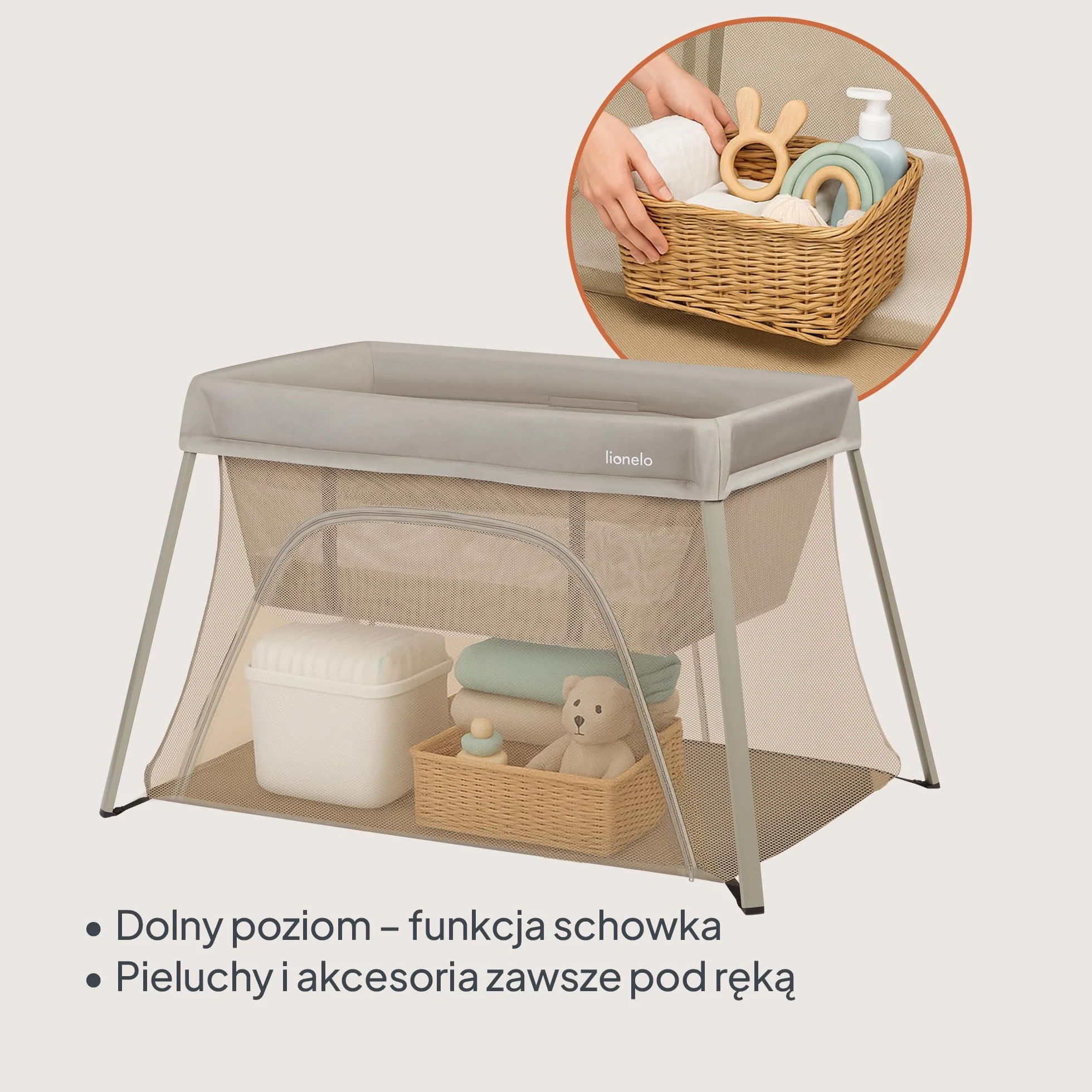 Lionelo Łóżko podróżne 3 w 1 Alicja 0-15 kg materac piankowy składane beżowy
