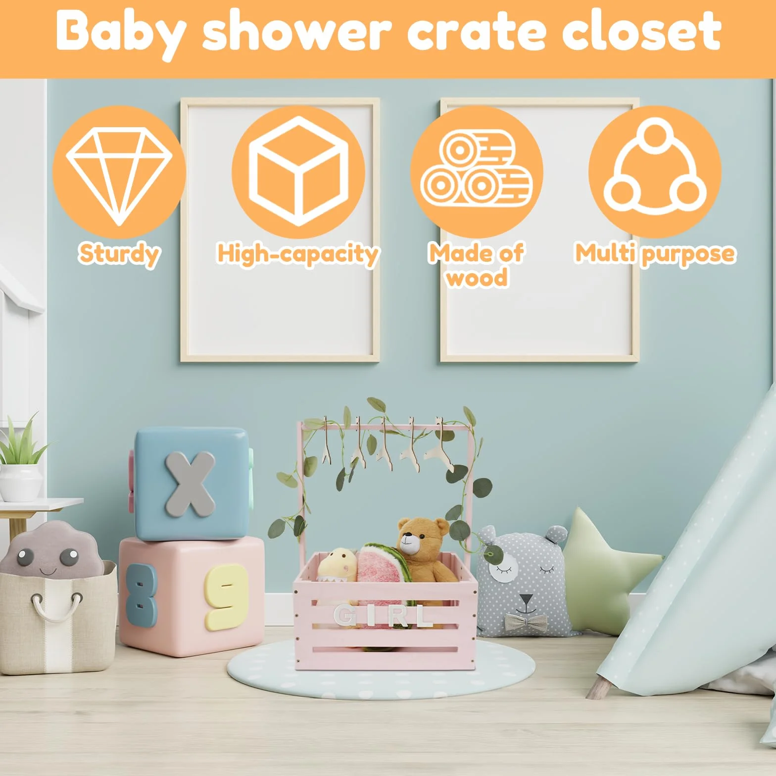 Kosz dla niemowląt z uchwytem, drewniana szafka na baby shower, praktyczna drewniana skrzynka na baby shower z drążkiem, szafka na baby shower z drewna, kosz na pranie dla dzieci, prezent (różowy)
