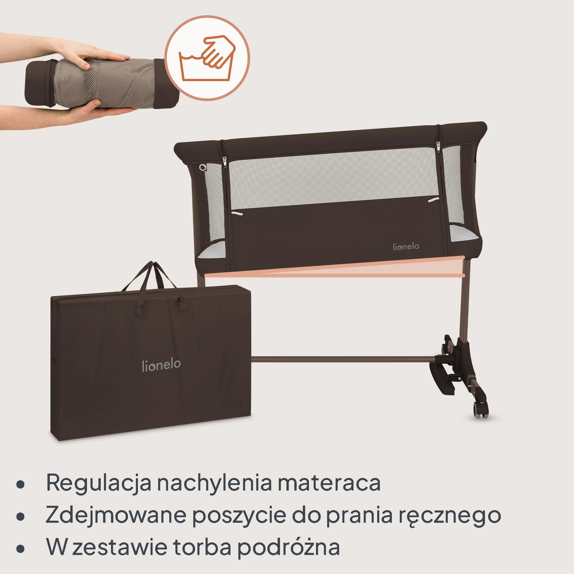 lionelo PARI łóżeczko nocne, łóżeczko dziecięce, 3 w 1, regulowane łóżeczko nocne, 6 poziomów, kołysanie, pochylany materac, siatka, zamykane kółka, torba podróżna