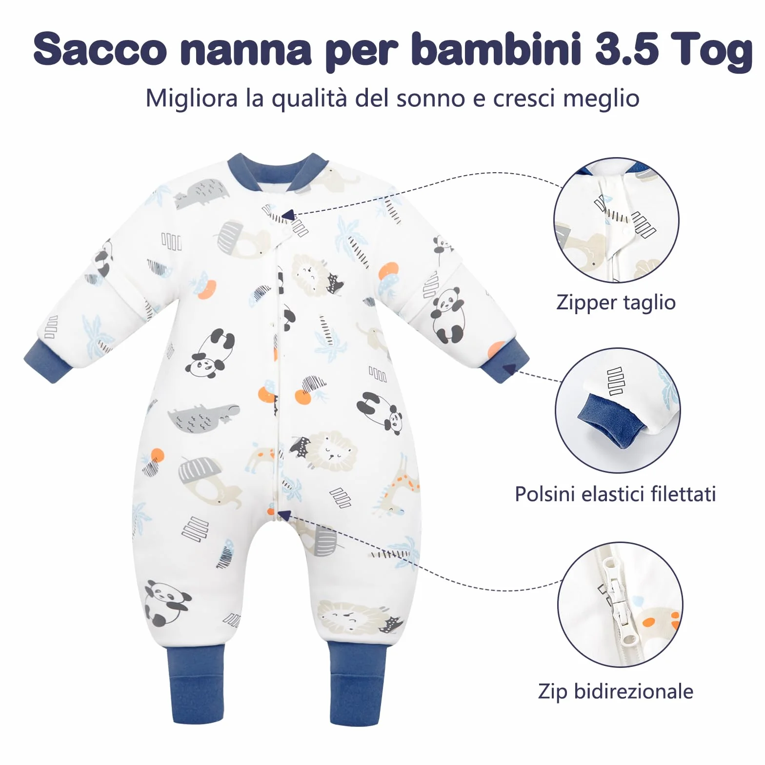Śpiwór niemowlęcy z długim rękawem z nogawkami 3,5 tog śpiwór zimowy dla dzieci z nogami, Pandy i lwy, wysokość 75-85 cm