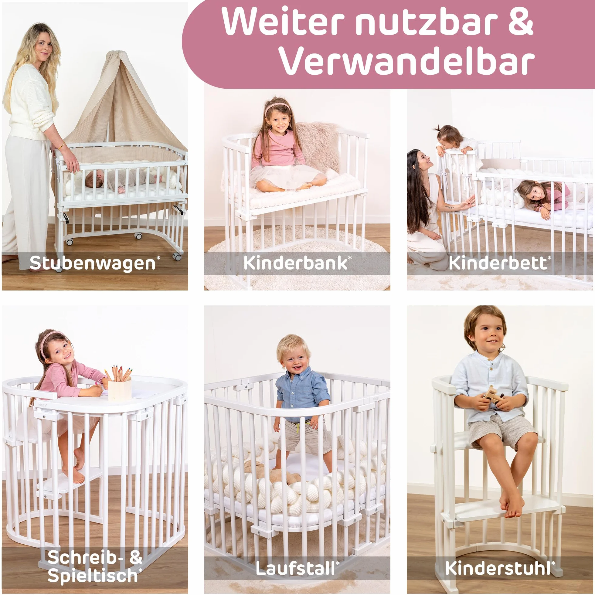 babybay Maxi bardzo duże łóżko dostawne z litego drewna bukowego/łóżko dziecięce, wysokość regulowana bezstopniowo, przyjazne dla środowiska, z materacem, kratką, rolkami (lakierowane na biało)