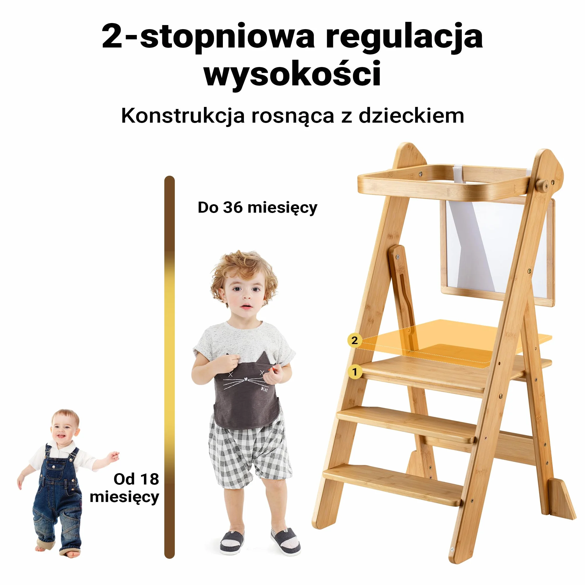 Wiltec wieża edukacyjna składana z bambusa 43x48x91 cm z regulacją wysokości