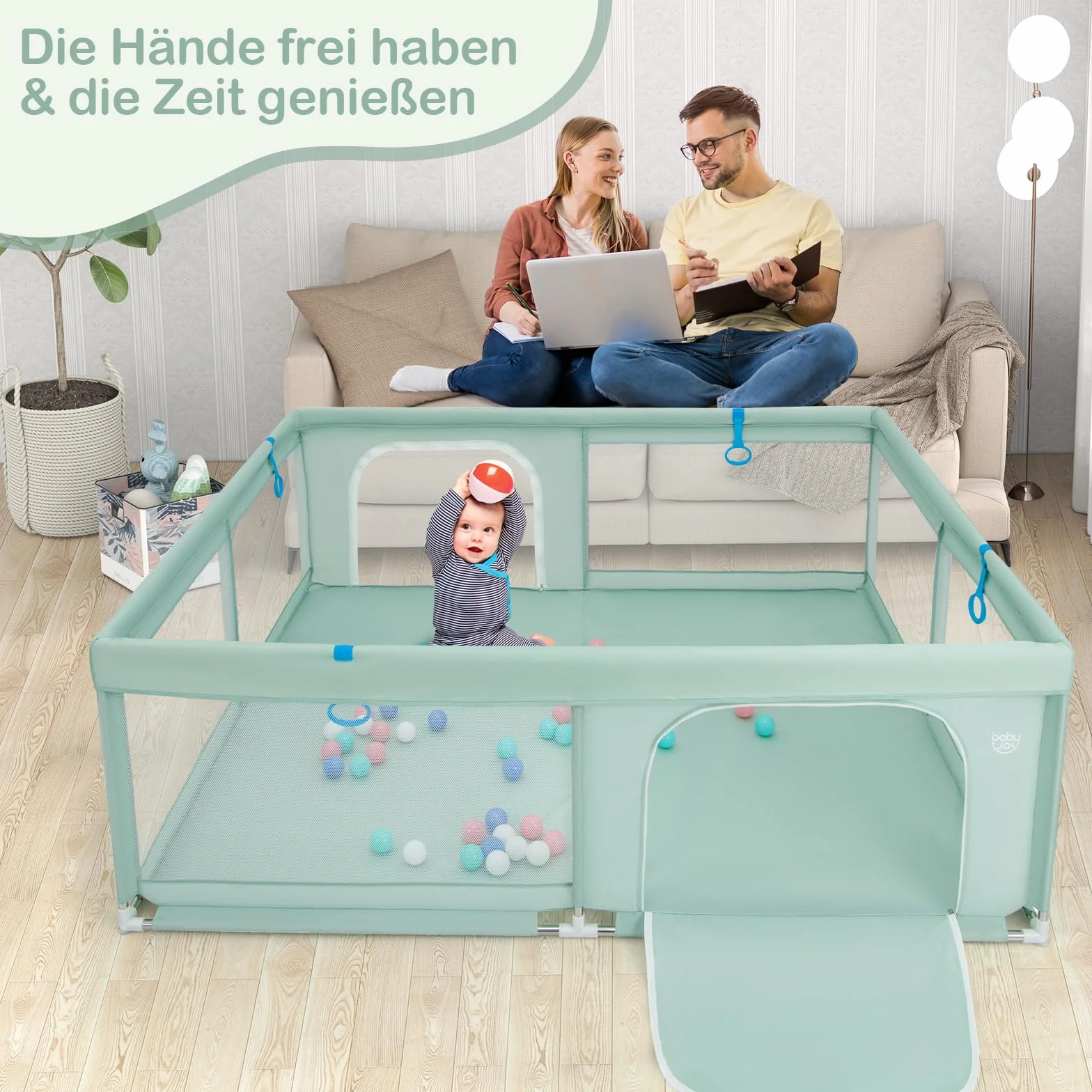 GOPLUS Kojec dla niemowląt 200 x 180 cm, kojec z materacem, 4 pierścienie pod ręce i 50 piłek do zabawy, kratka do raczkowania z oddychającą siatką, drzwi i zamek błyskawiczny dla niemowląt i małych