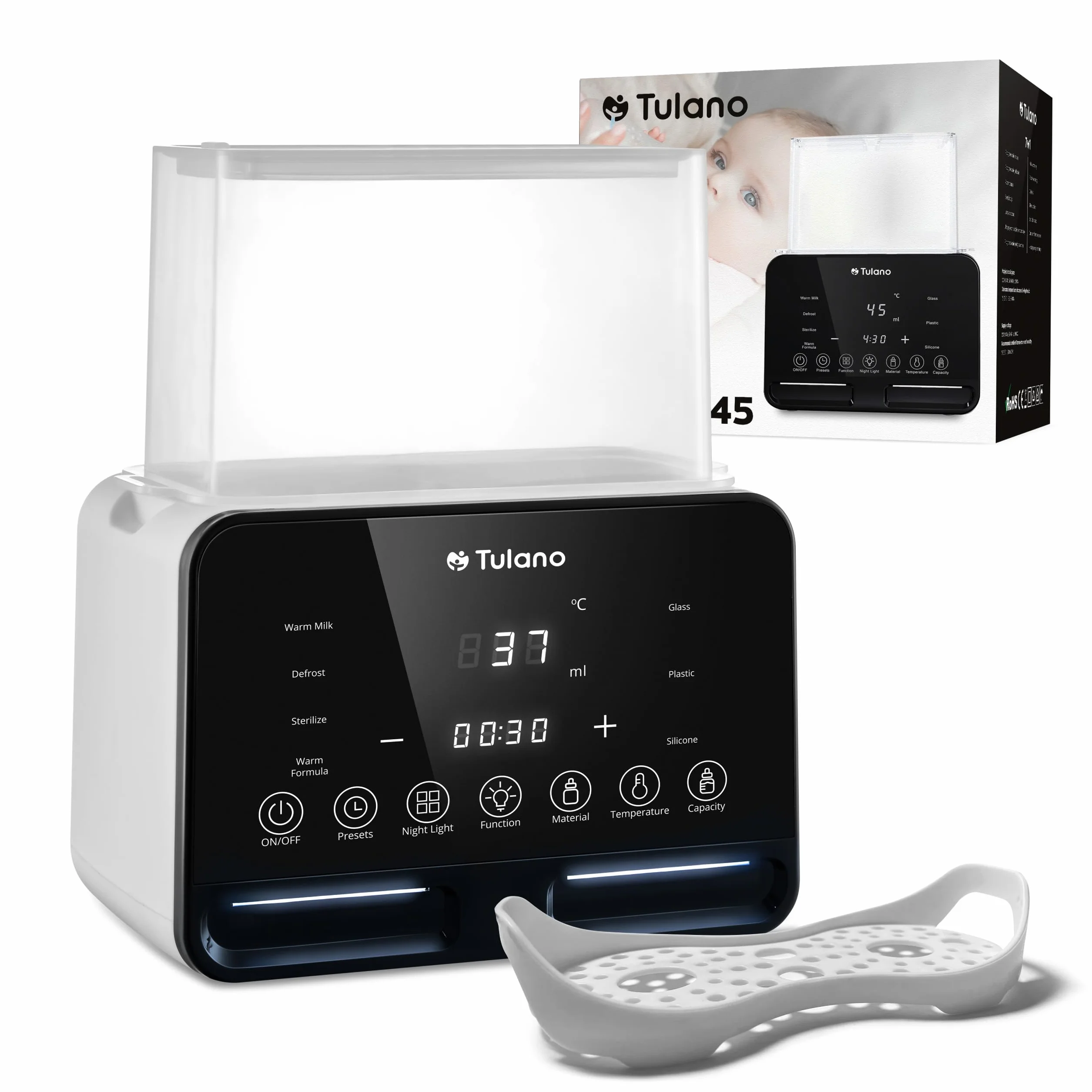 Tulano Ellie 45 podwójny podgrzewacz do butelek dla niemowląt 7 w 1 | sterylizator | lampka nocna | ekran dotykowy LCD | utrzymanie temperatury | uniwersalny do butelek