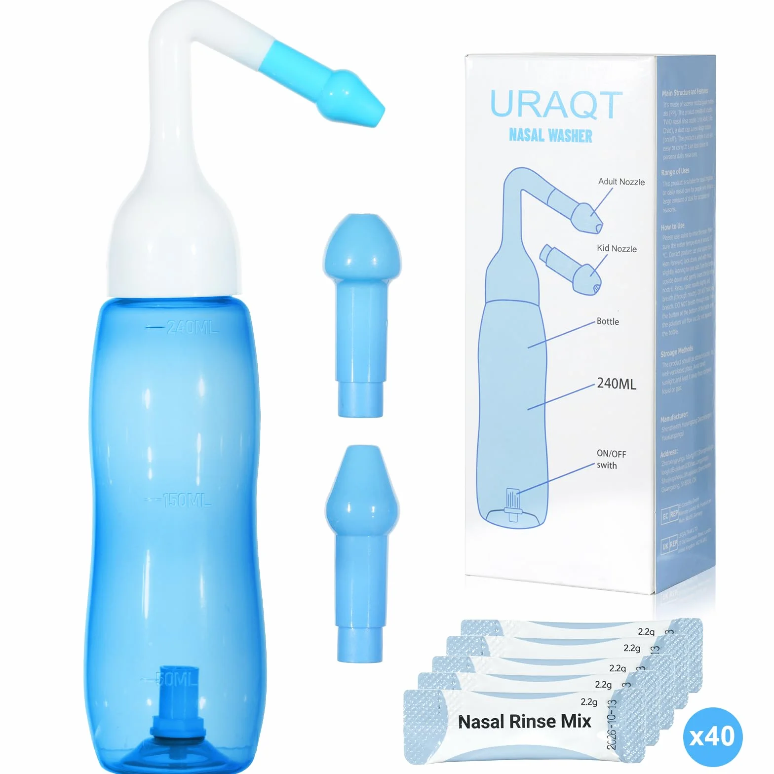 URAQT Neti Pot, zestaw do płukać nosa, butelka zatoka 240 ml z 40 pakietami soli, dla dorosłych i dzieci, ulga w zatokach