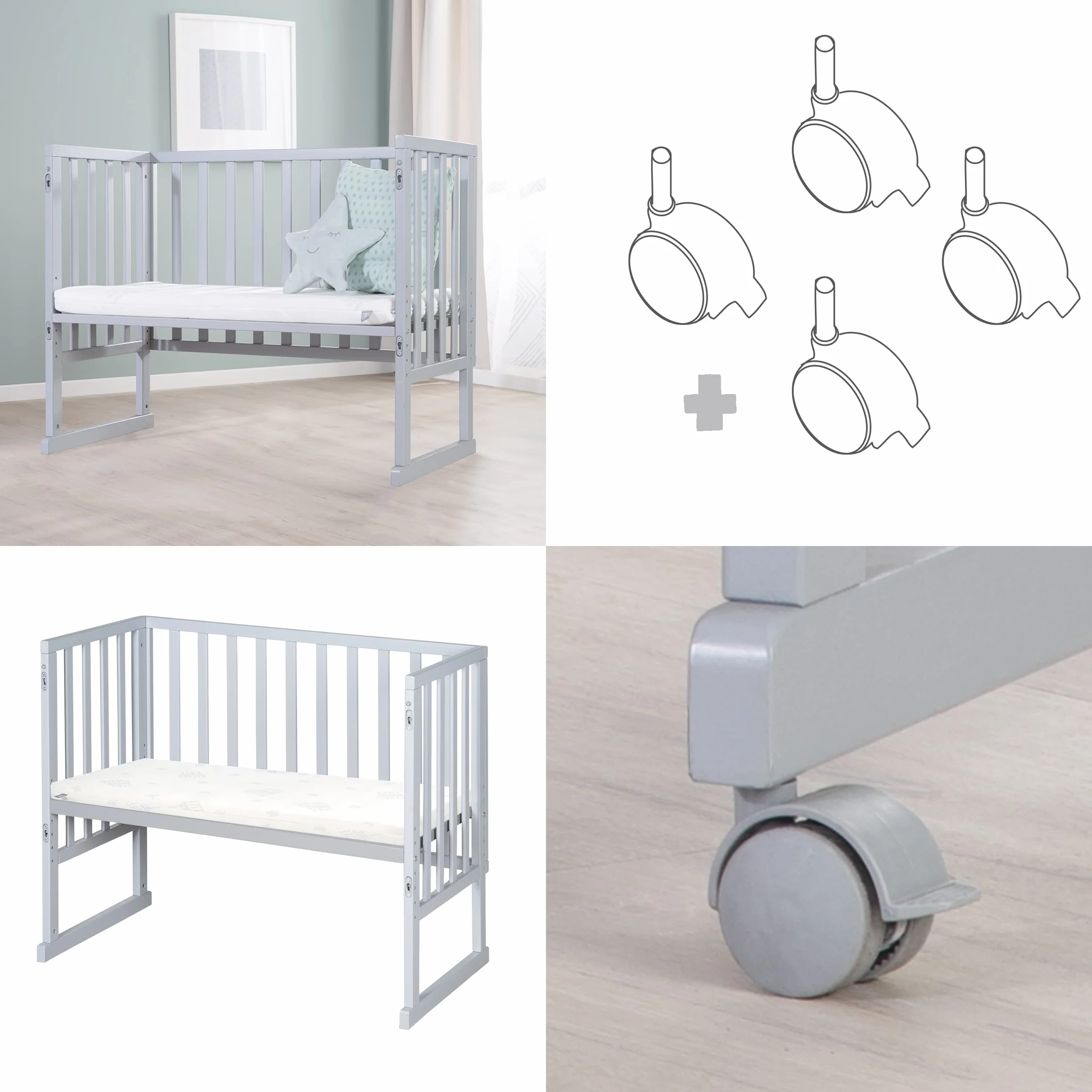 roba Cododo Łóżko 45 x 90 cm safe asleep 3 w 1 - Regulowana wysokość - Kompletny zestaw z łóżeczkiem, materacem, płotą płócienną i kółkami hamulcowymi - drewno szare