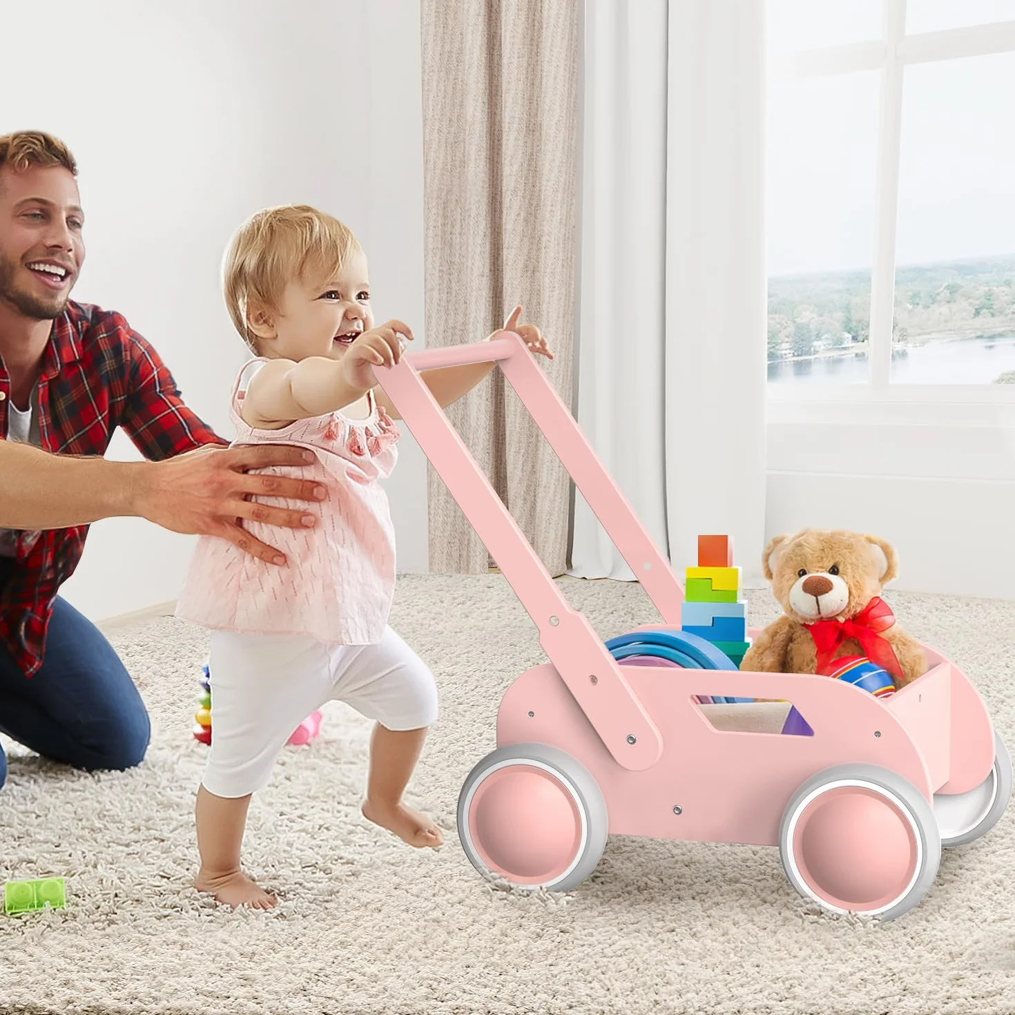 Różowy drewniany wózek do nauki chodzenia Baby Walker dla dzieci z kółkami