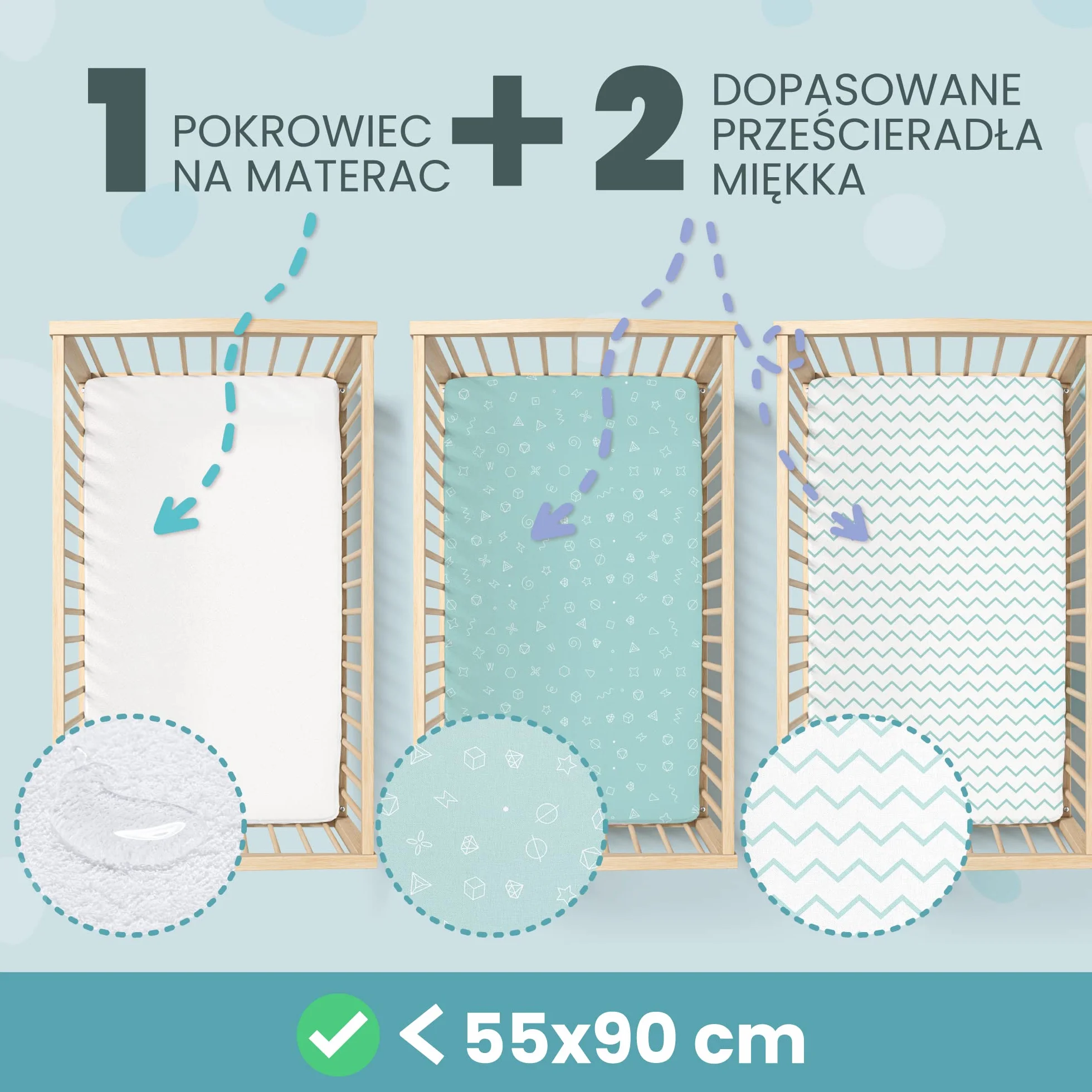 Zestaw 2 x 100% Bawełniane Prześcieradła z Gumką - 1 x 100% Wodoodporny Pokrowiec na Materac - Zestaw 3-55x90cm - Niebieski