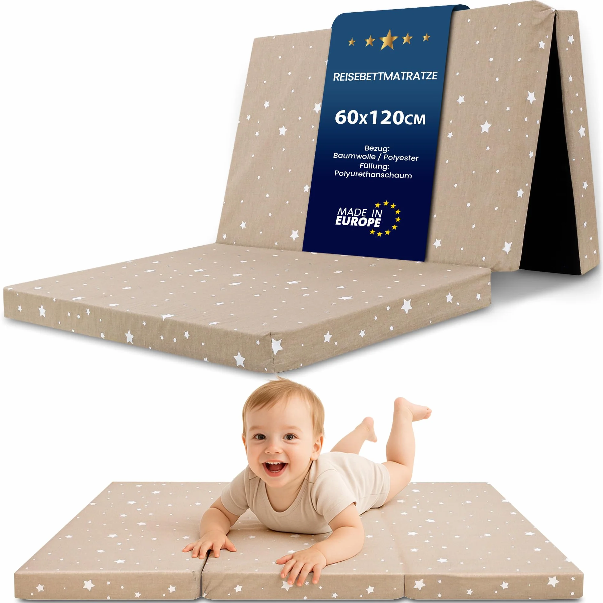 Materac do łóżeczka turystycznego 60x120 cm - Gruby składany materac dla dziecka łóżeczko turystyczne 120x60 cm Kolor beżowy w białe gwiazdki