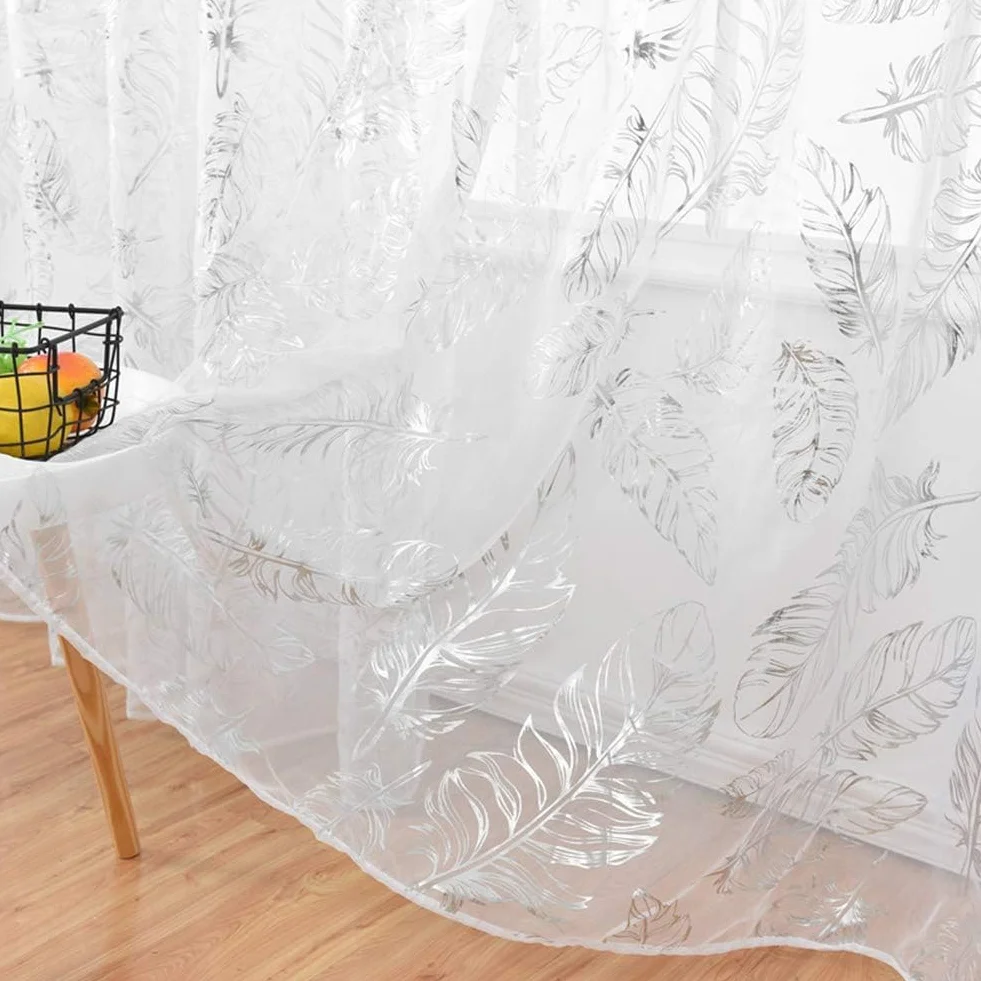 2 sztuki przezroczystych zasłon z tiulu 100 x 200 cm z wzorem piór, zasłony do okien, drzwi, salonu, sypialni, pokoju dziecięcego, balkonu (srebrne)