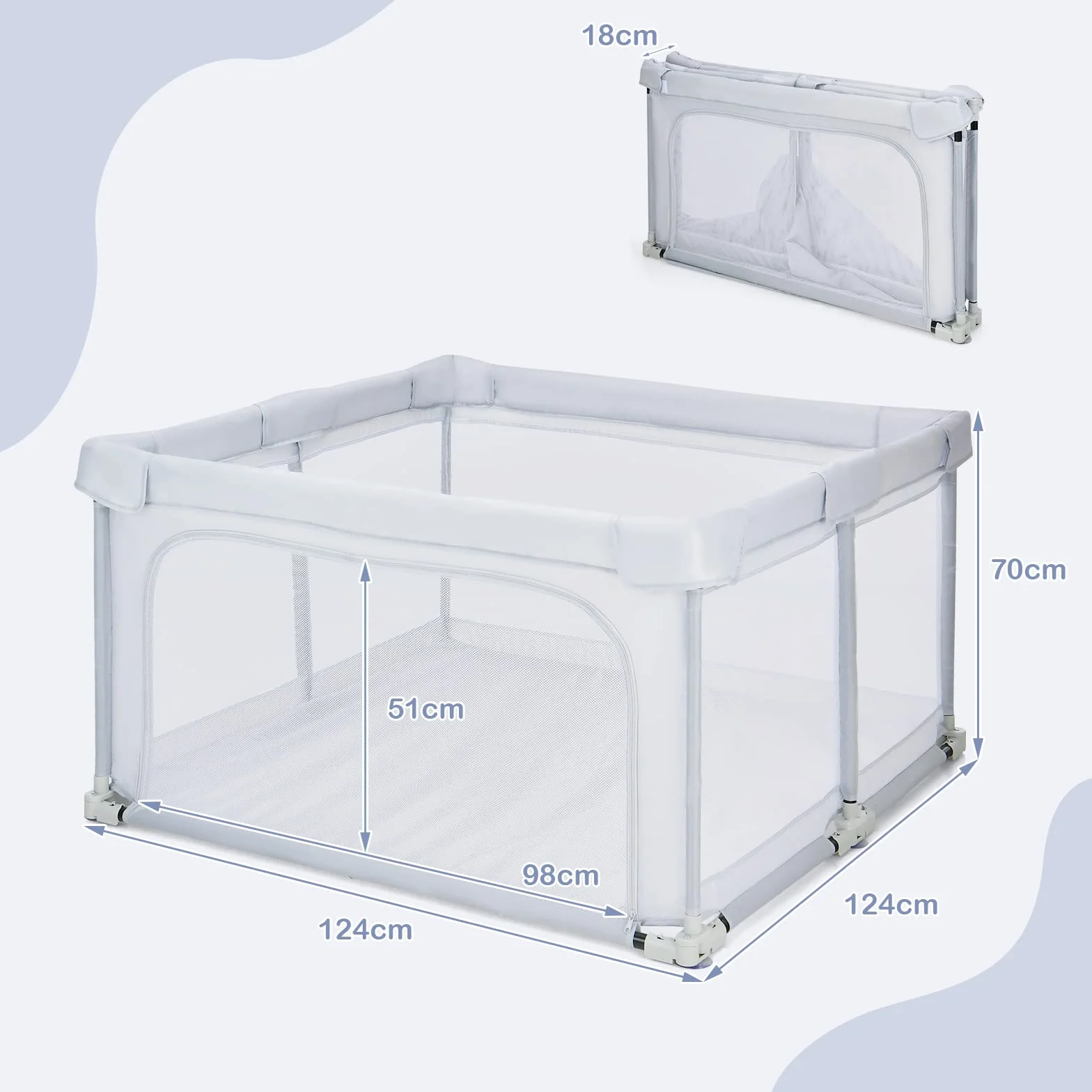 COSTWAY 124 x 124 cm Kojec dla niemowląt składany, przenośny kojec z 50 piłkami, 4 uchwytami, funkcją blokady, kratka do raczkowania z siatkowymi ściankami i drzwiczkami, koc raczkujący dla niemowląt