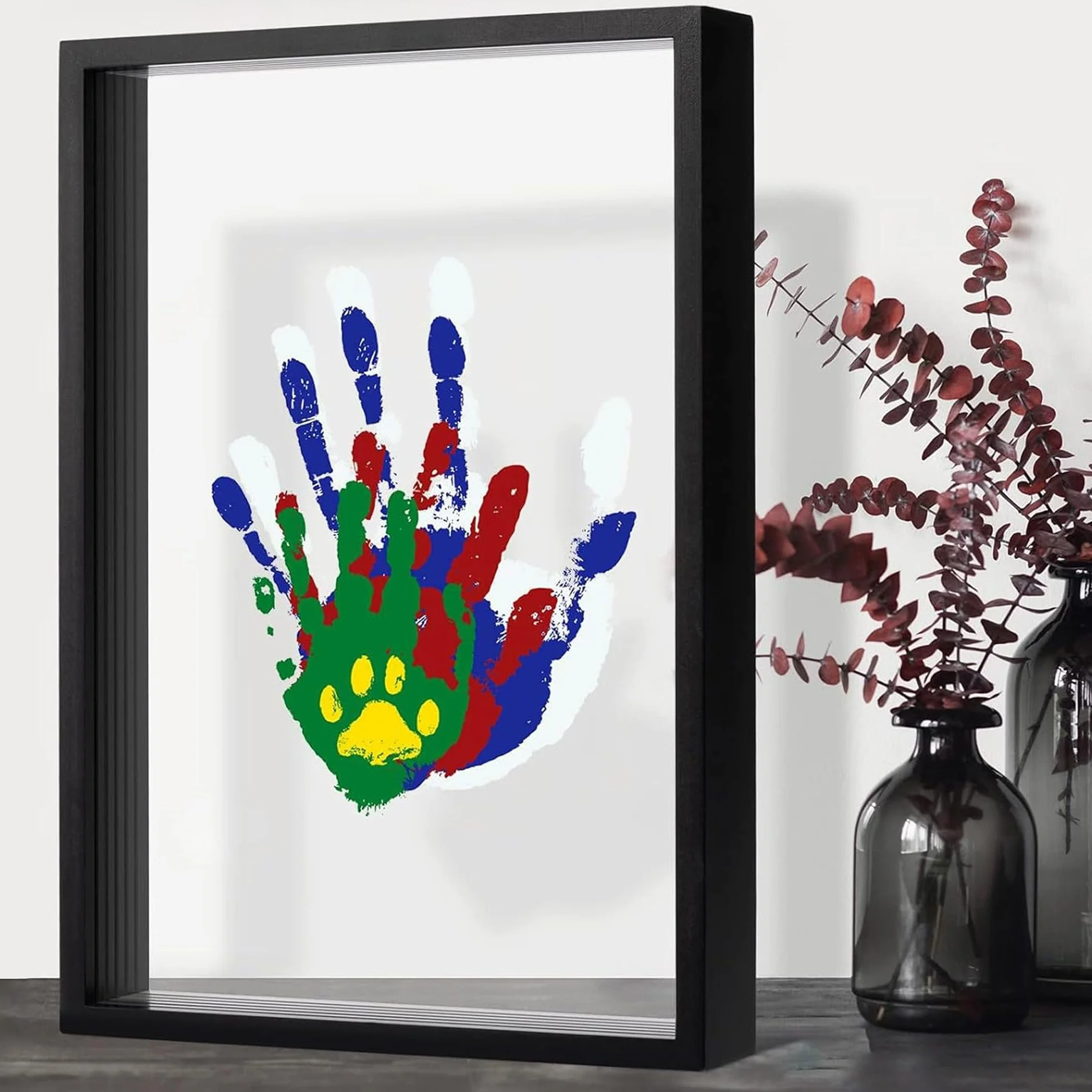 QSLKI Family Handprint Kit Clear Diy Craft Pamiątki Drewniane Ramy, Czarny, Rodzinny Zestaw Pamiątek Dłoni i Stóp, Cztery Przegrody Sześć Farb, Dziecięcy Odcisk Ręki i Stóp Zestaw, Rodzinny Pamiątek D