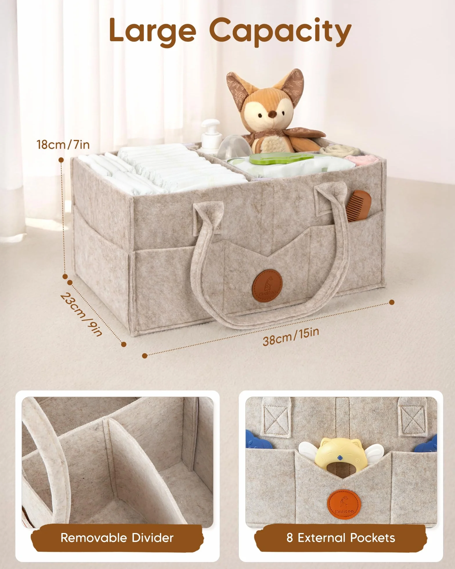 Maliton Organizer do przewijaka, Organizer do pieluch dla niemowląt Caddy Newborn Essentials, wytrzymała, przenośna torba filcowa, kosz do przechowywania dla niemowląt z wyjmowanymi przegródkami