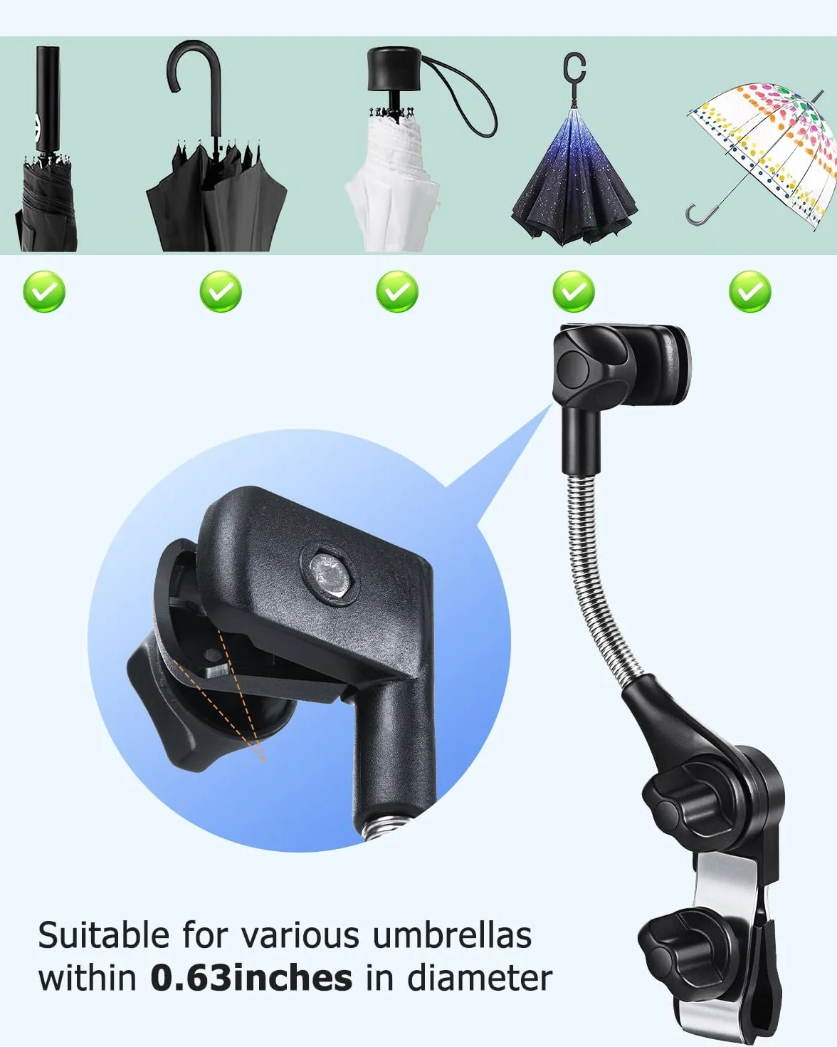 Uchwyt na parasol do wózka dziecięcego, mocowanie parasola do wózka dziecięcego, klips łączący do kierownicy, elastyczny, regulowany, uniwersalny zacisk do wózka, wózka inwalidzkiego, roweru