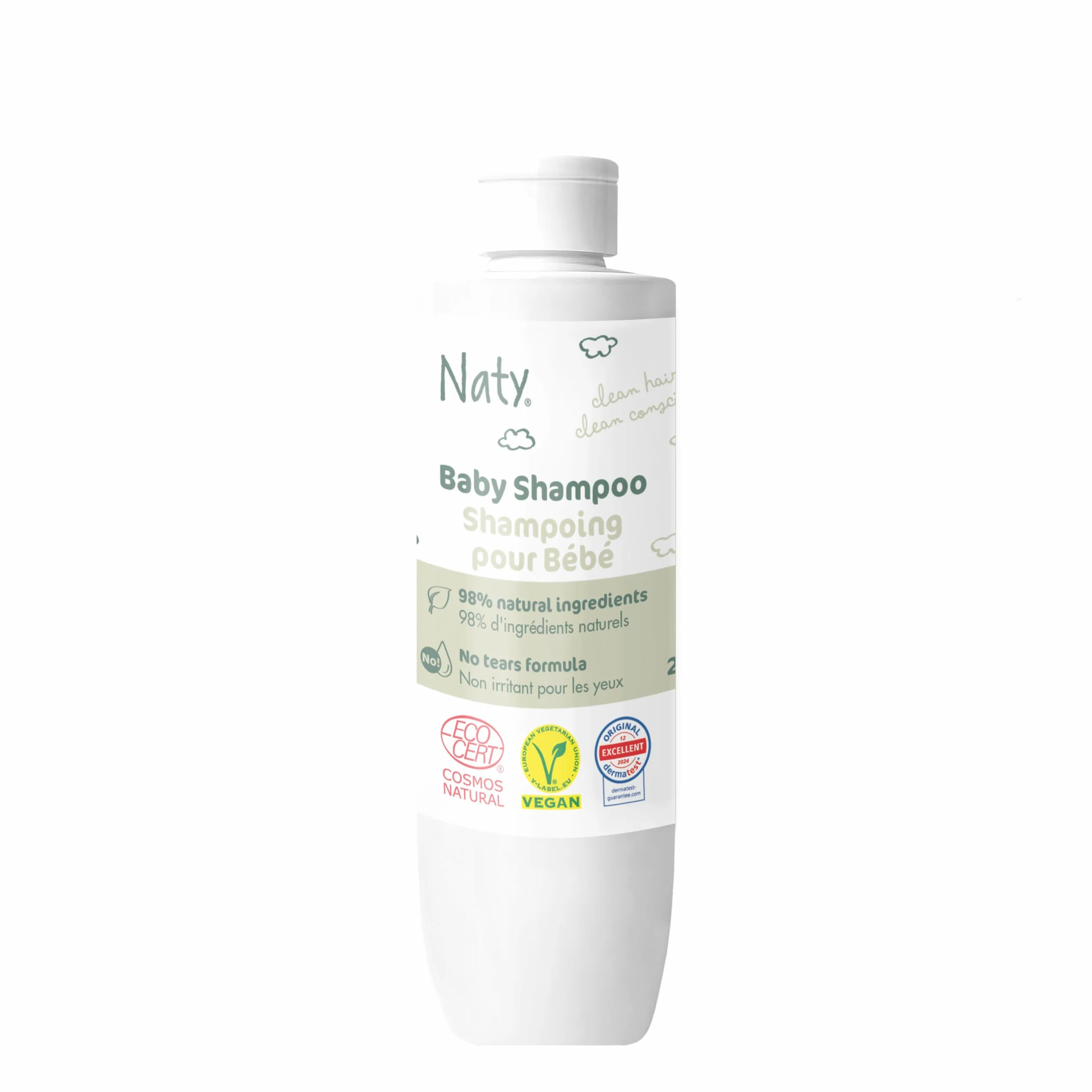 Naty Baby Shampoo 240ml – Bez Łez, Wegański, Bezzapachowy, Przetestowany Dermatologicznie, Certyfikowany COSMOS Natural, Do Wrażliwej Skóry i Skóry Głowy, Pochodzenia Naturalnego, Butelka z Recyklingu