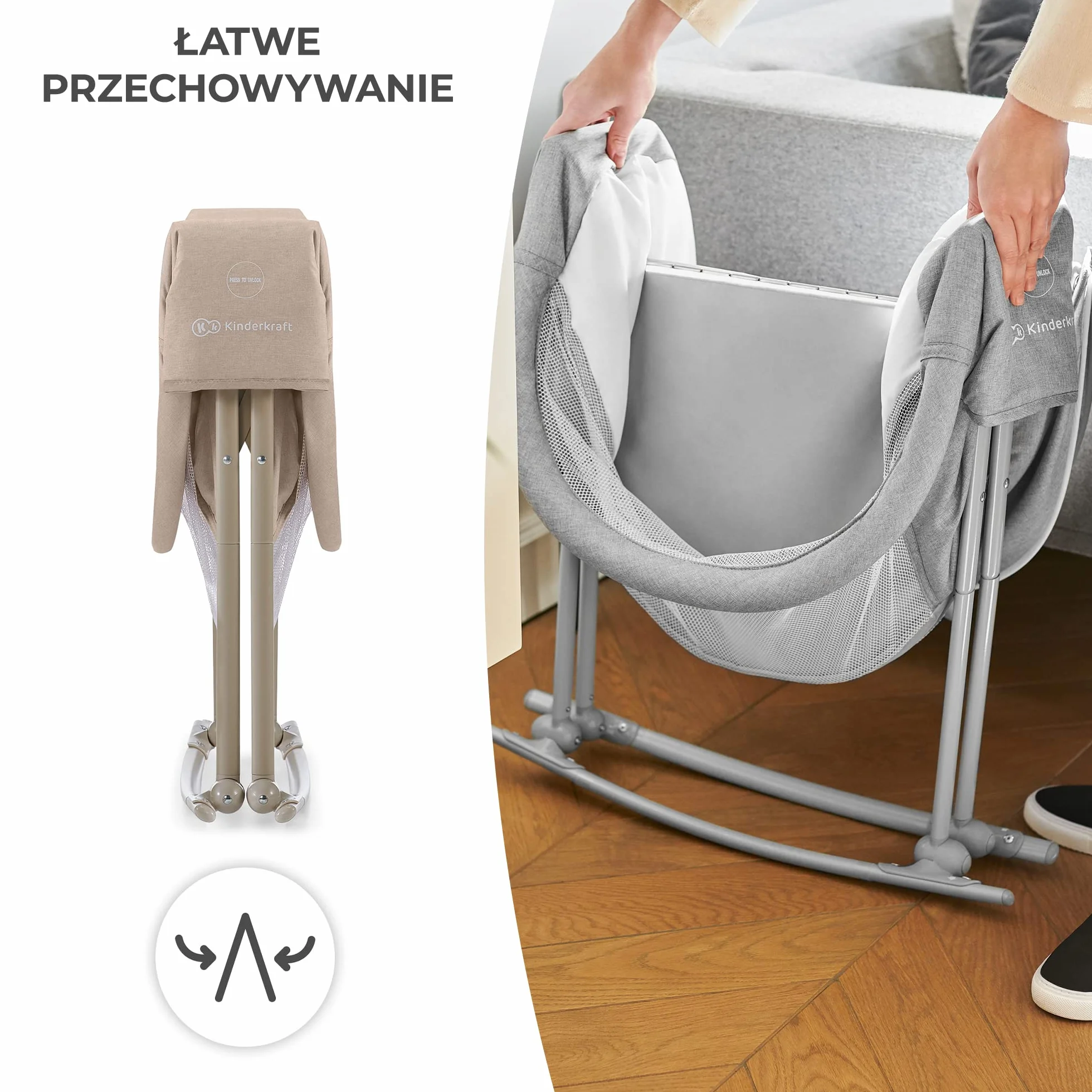 Kinderkraft Łóżeczko dziecięce 3w1 LOVI, Łóżko turystyczne, Kołyska, Beżowy