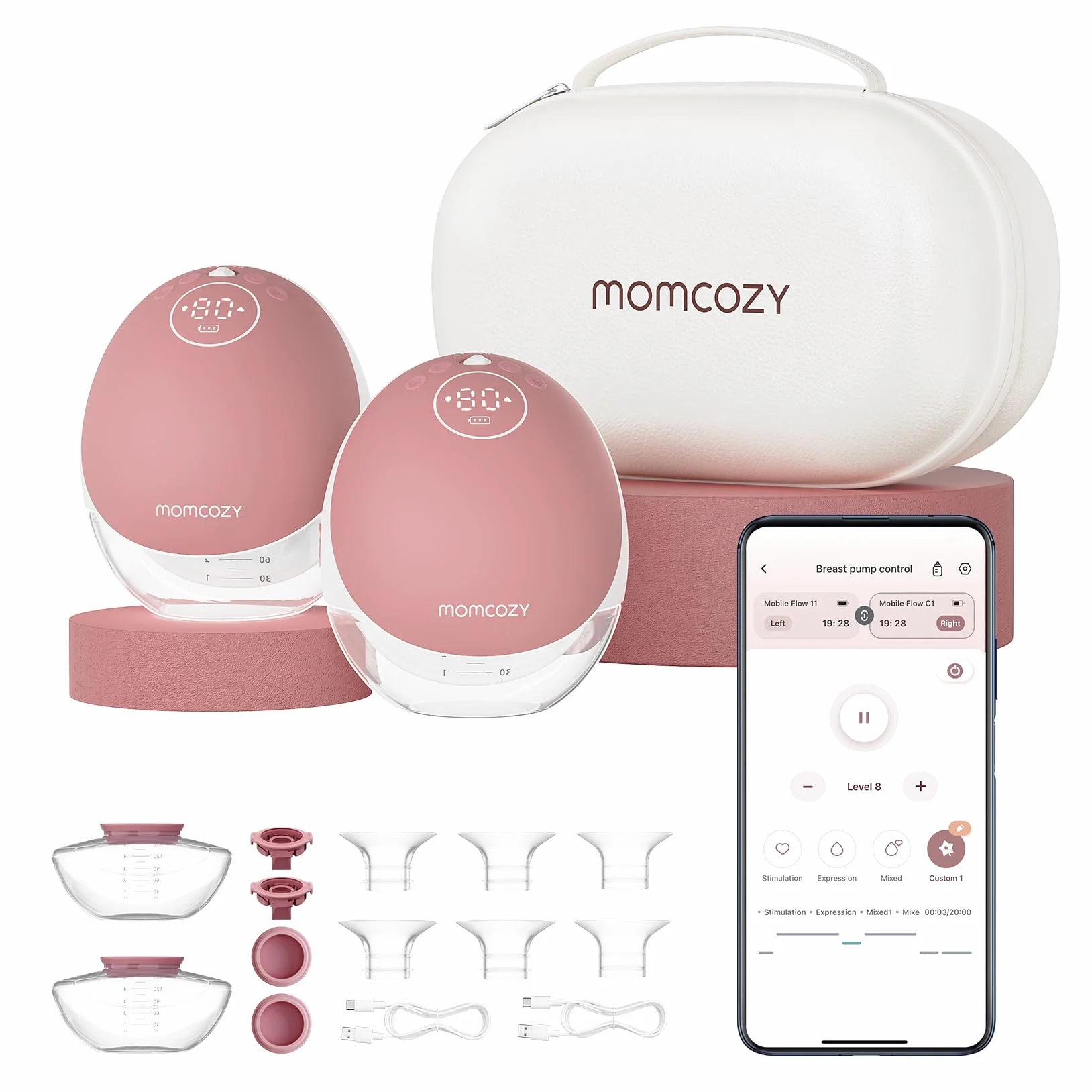 Momcozy Elektryczna Laktator Bezrękawnik Przenośny M9 Ulepszony, Sterowanie Aplikacją, 15 Poziomów, Podwójne Uszczelnienie 24 mm Czerwony