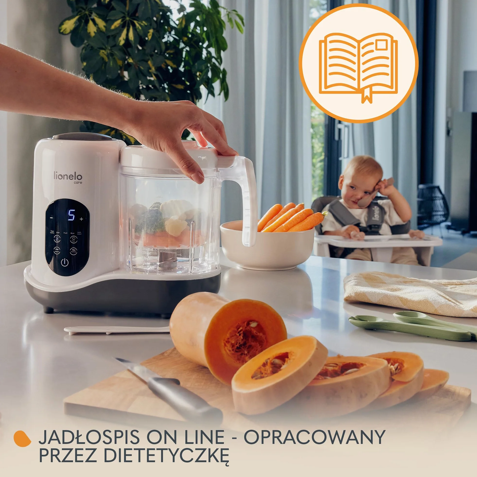 LIONELO BABYMENU Wielofunkcyjny Robot Kuchenny dla Niemowląt 300 4 Programy Gotowanie na Parze Blendowanie Podgrzewanie Rozmrażanie