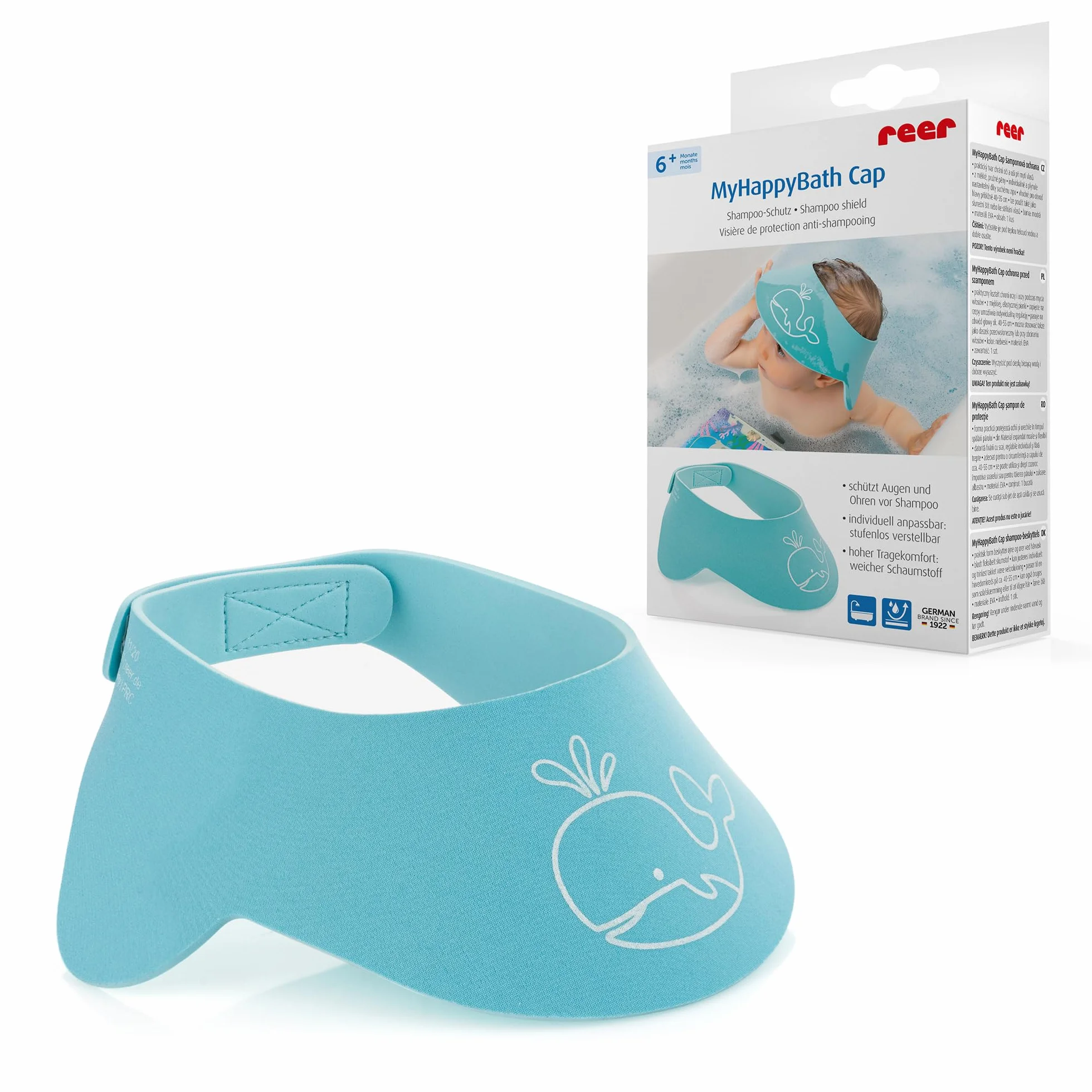 Reer 76043 MyHappyBath Cap szampon ochronny, chroni Twoje dziecko przed łzami podczas mycia włosów, bezstopniowa regulacja, niebieski, obwód głowy 40-55 cm