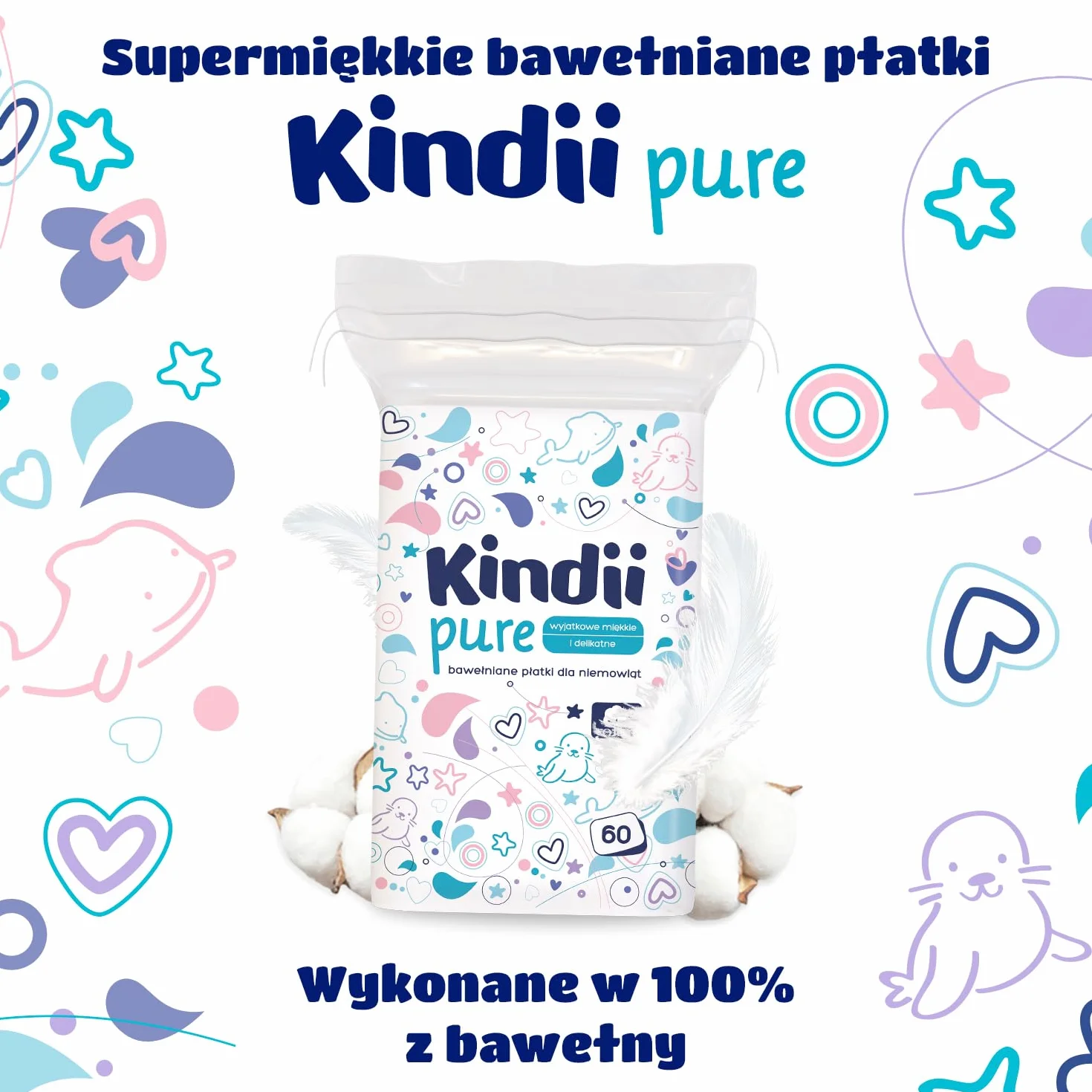 Kindii Pure Baby Pads – 100% bawełna – duże kwadratowe podkładki do skóry wrażliwej – zastępują wilgotne chusteczki – miękkie – miękkie krawędzie – nie strzępią się – 20 x 60 sztuk.