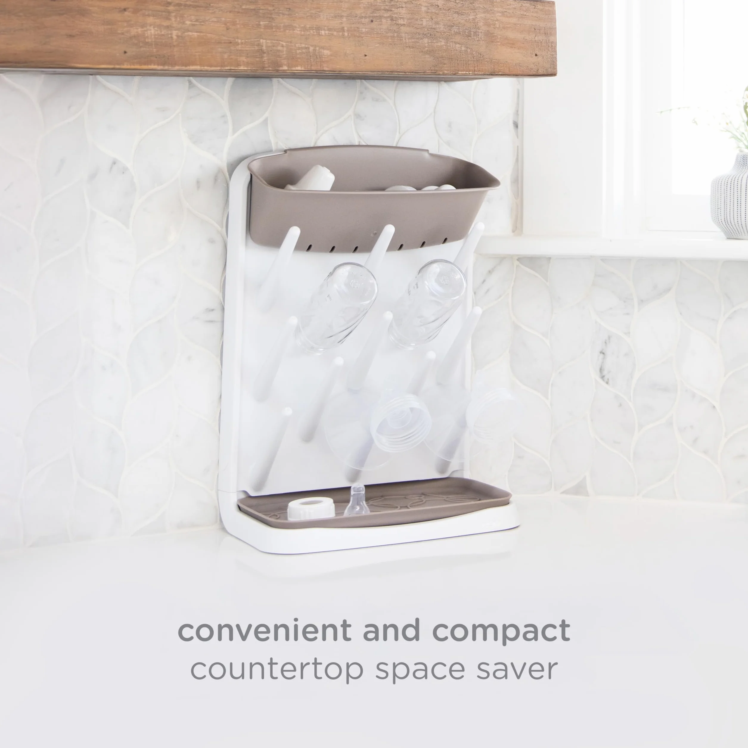 Ubbi Vertical Baby Bottle Drying Rack, Space Saving Countertop Drying Rack Baby Accessory, taupe