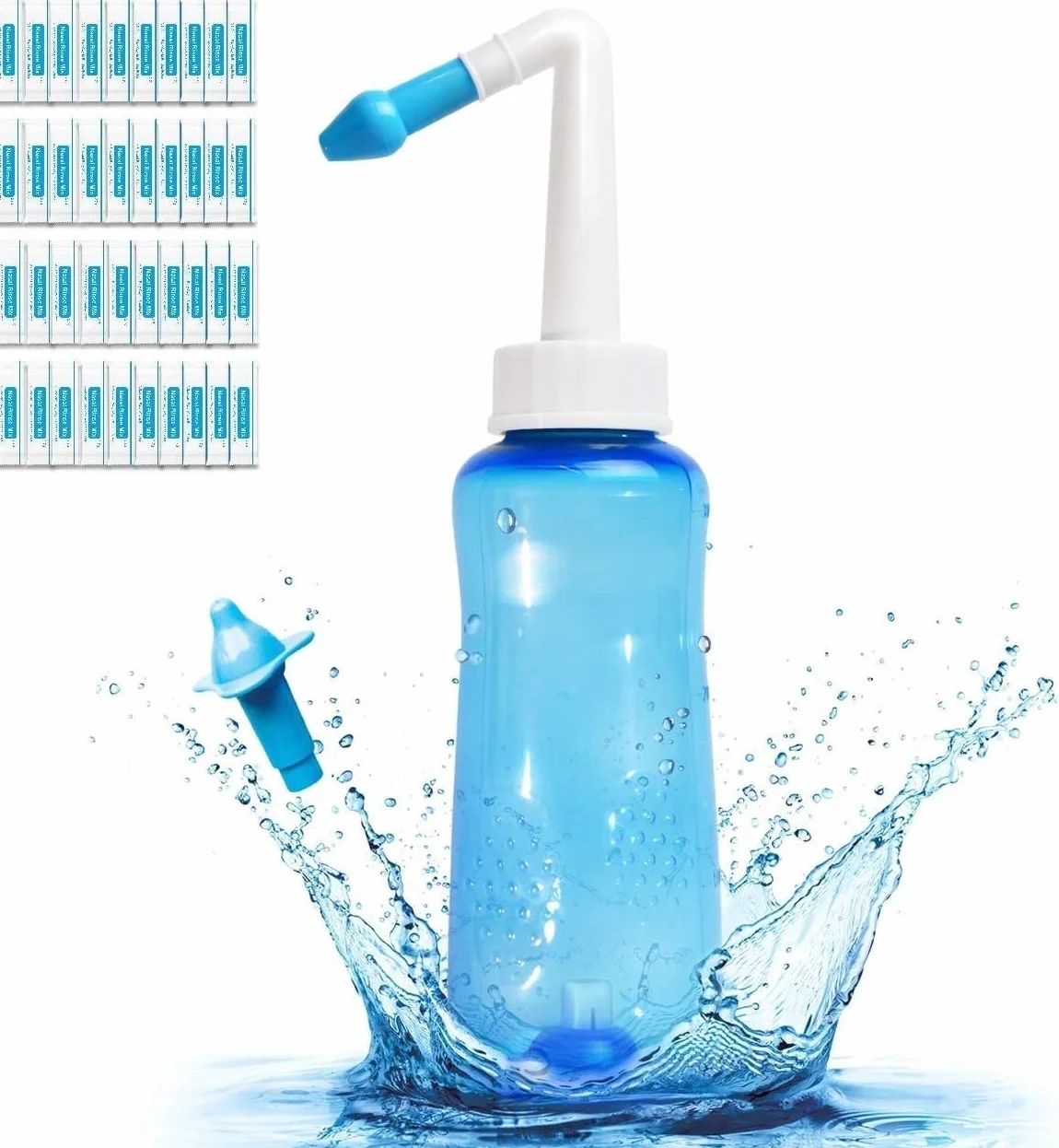 Neti Pot butelka do płukania zatok, myjka do nosa, płukanie ciśnieniowe, nawadnianie nosa, dla dorosłych i dzieci, bez BPA, 300 ml, z 40 pakietami soli do płukania nosa (40 sztuk)