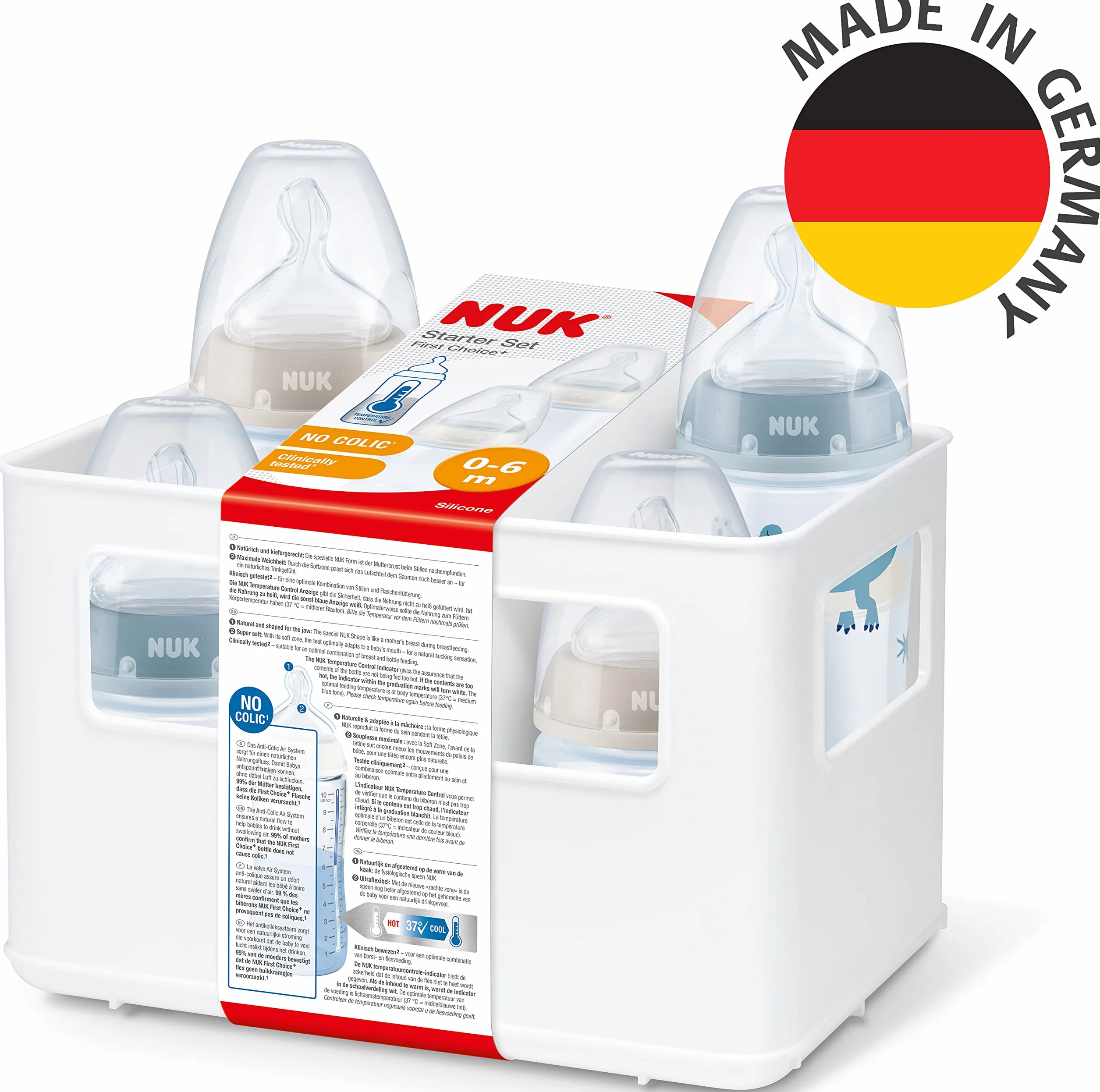 Zestaw startowy butelek dla niemowląt NUK First Choice+ | 0–6 miesięcy | 4 x butelki z regulacją temperatury i skrzynka na butelki | Otwór antykolkowy Anti Colic | Nie zawiera BPA | Safari | 5 elem.