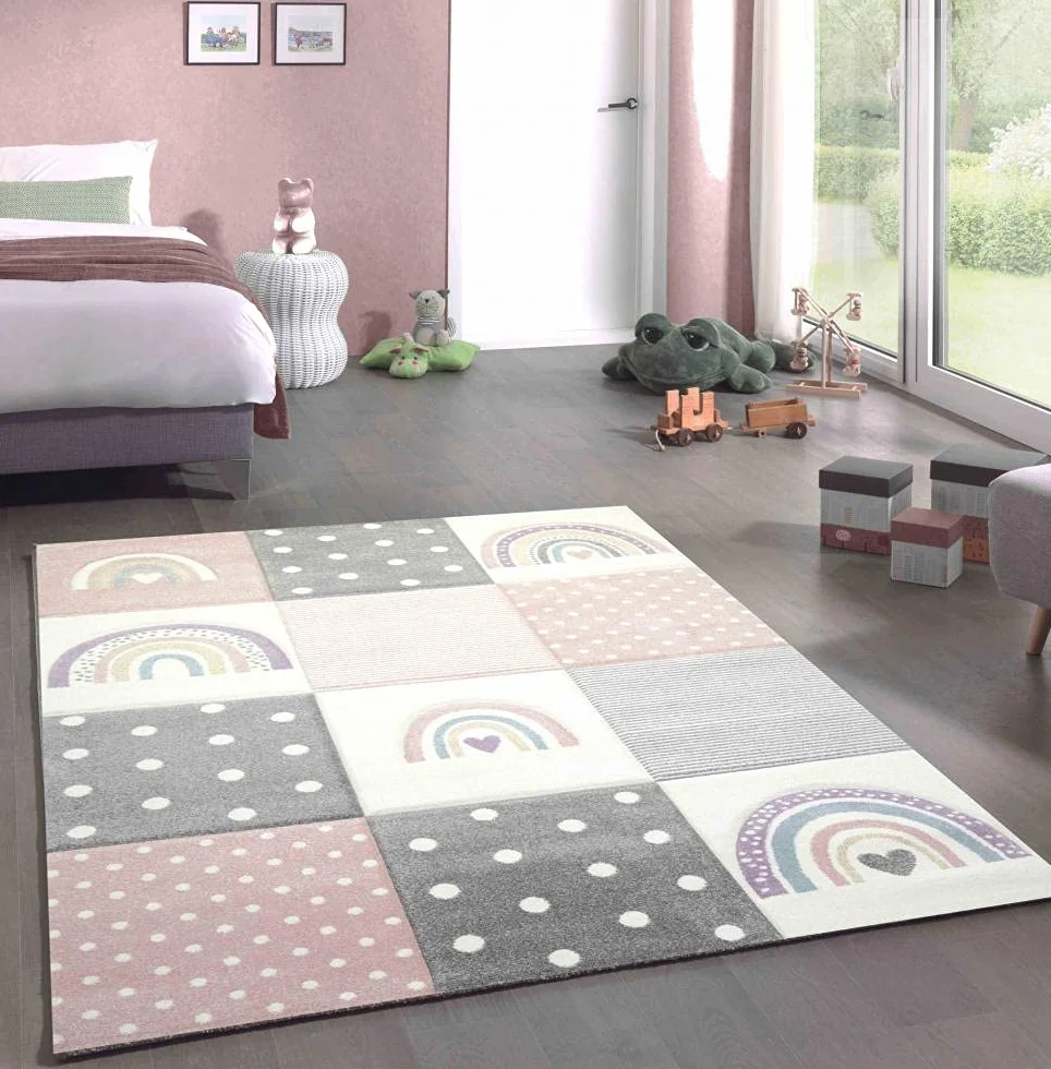 CARPETIA Dywan dziecięcy do pokoju dziecięcego, do zabawy, motyw serca, tęcza, kropki, kremowy, różowy, szary, wymiary 200 x 290 cm