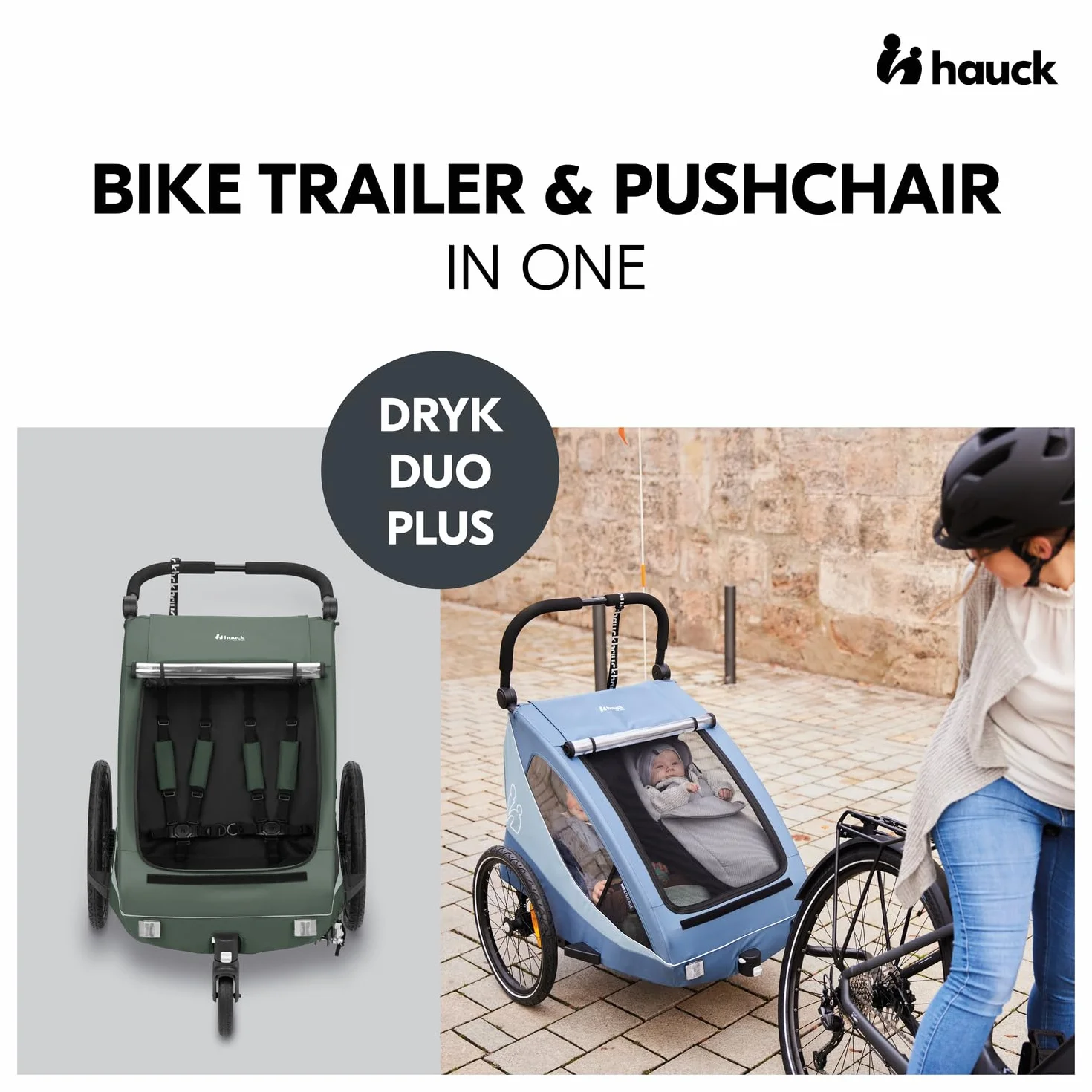 Hauck Dryk Duo Plus, przyczepa rowerowa 2 w 1 i wózek dziecięcy, podwójna przyczepka rowerowa z 2 siedzeniami i zawieszeniem, składana i kompaktowa, pojemność XL do 50 kg, dostępne akcesoria